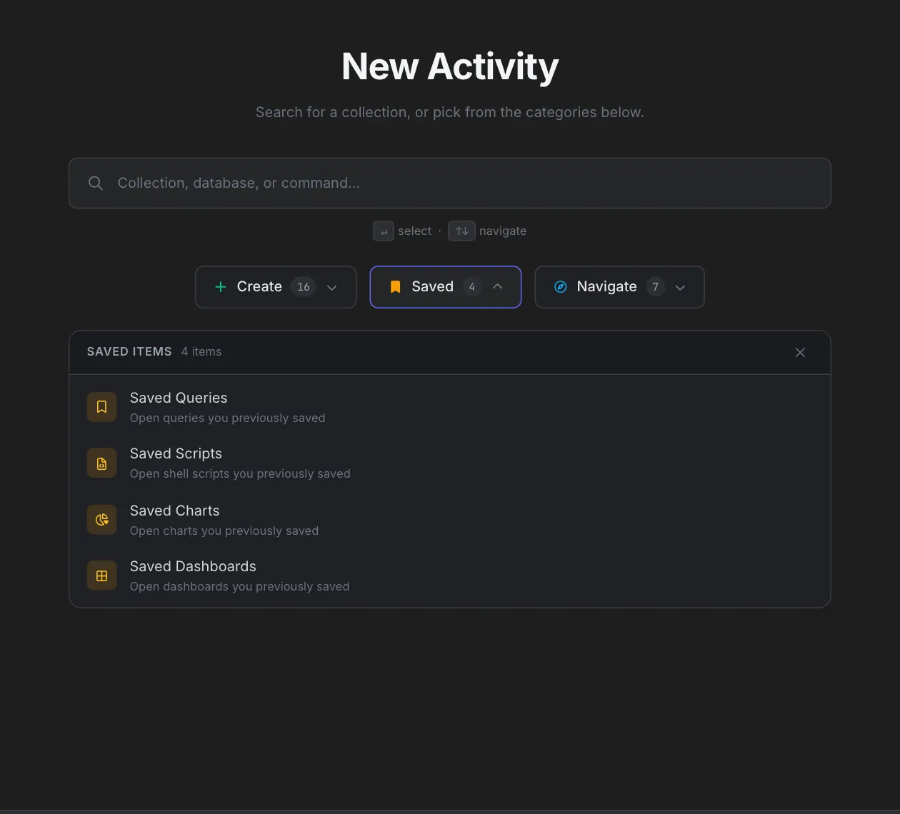 New Activity page with the Saved menu open, listing four Saved Items: Saved Queries, Saved Scripts, Saved Charts and Saved Dashboards