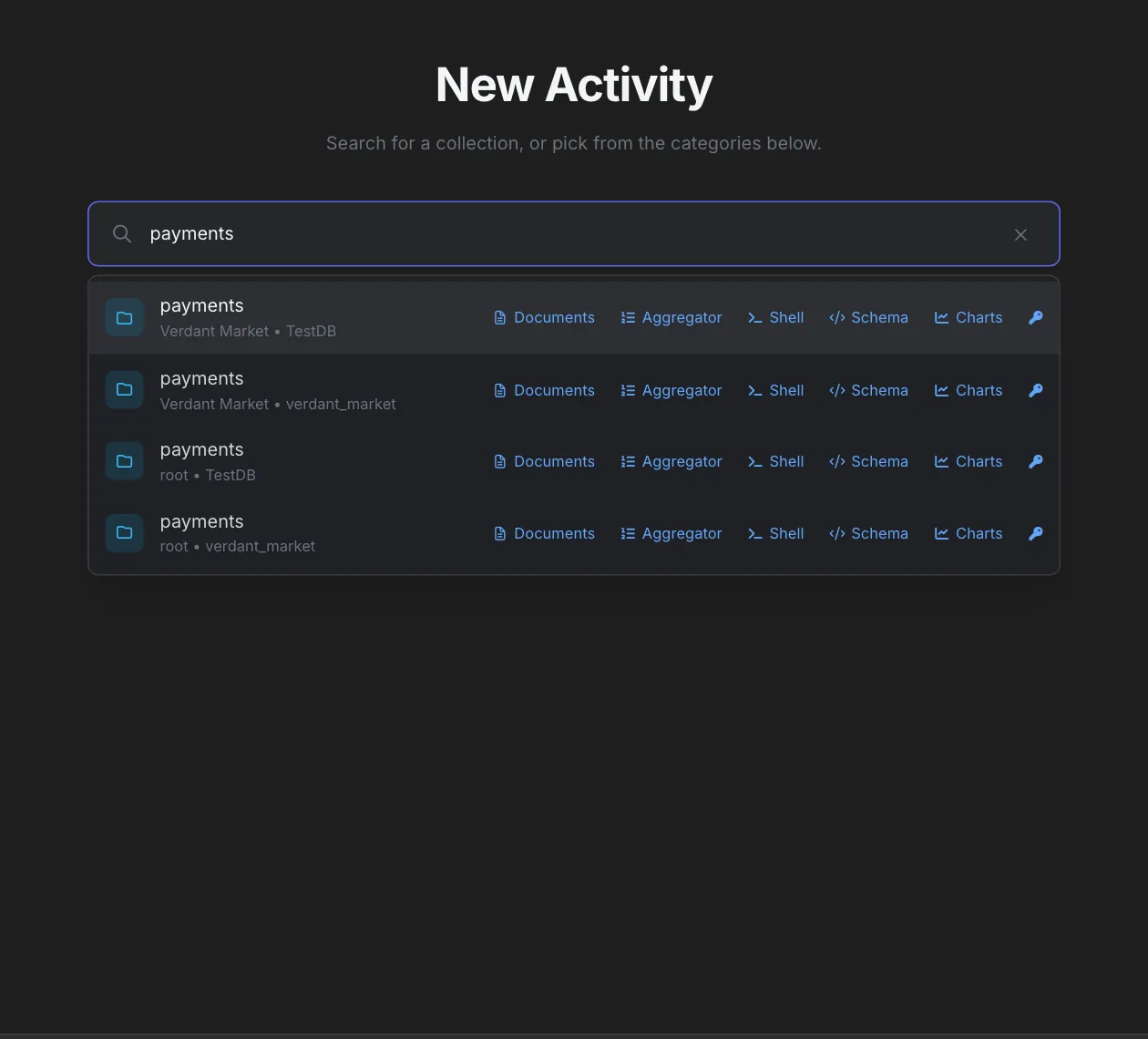 New Activity search for payments showing four payments collections, each labelled with its connection and database (Verdant Market or root, TestDB or verdant_market) and followed by Documents, Aggregator, Shell, Schema, Charts and Indexes links