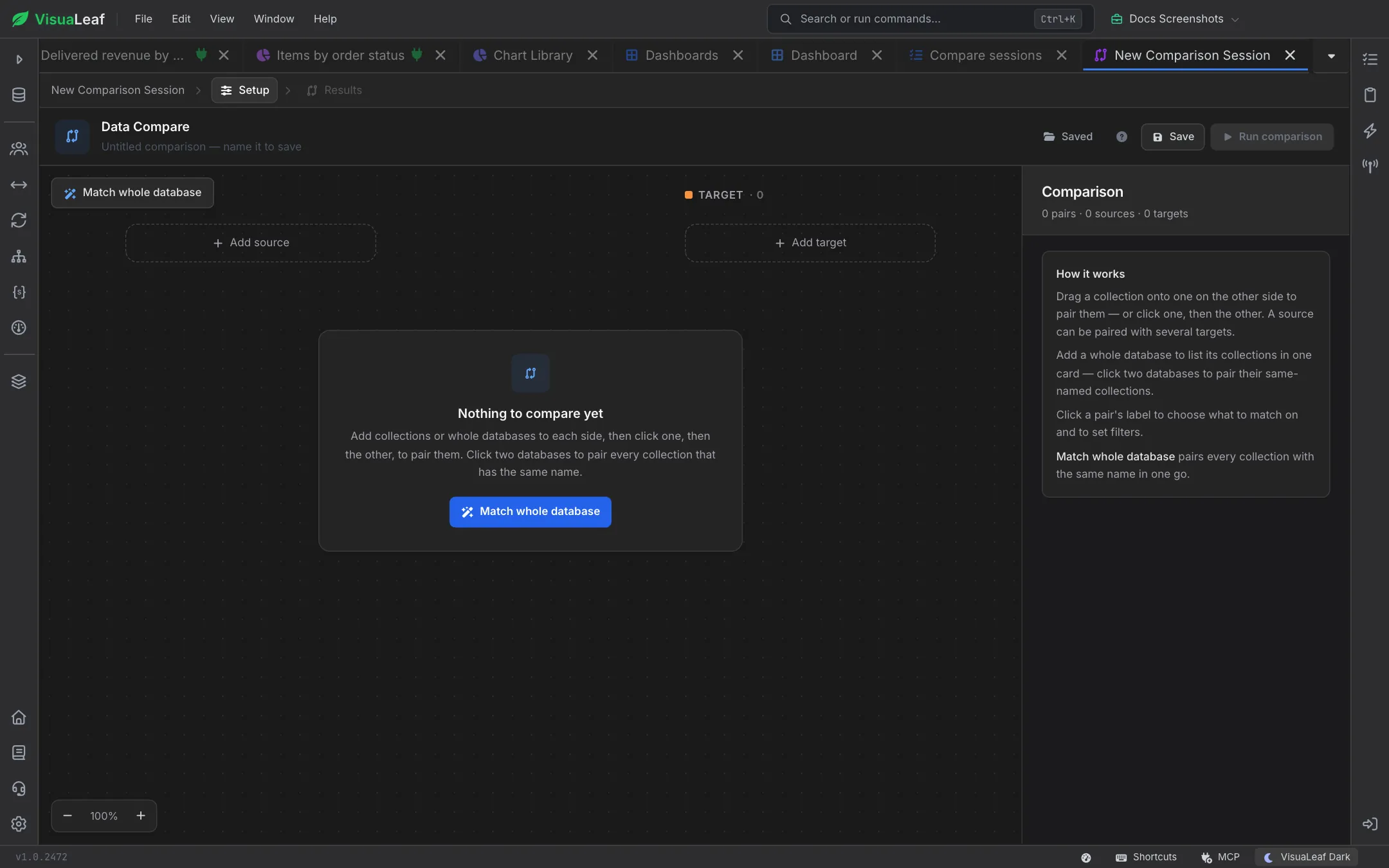 Empty Data Compare canvas showing Add source and Add target placeholders, a Nothing to compare yet card with a Match whole database button, and a How it works panel on the right