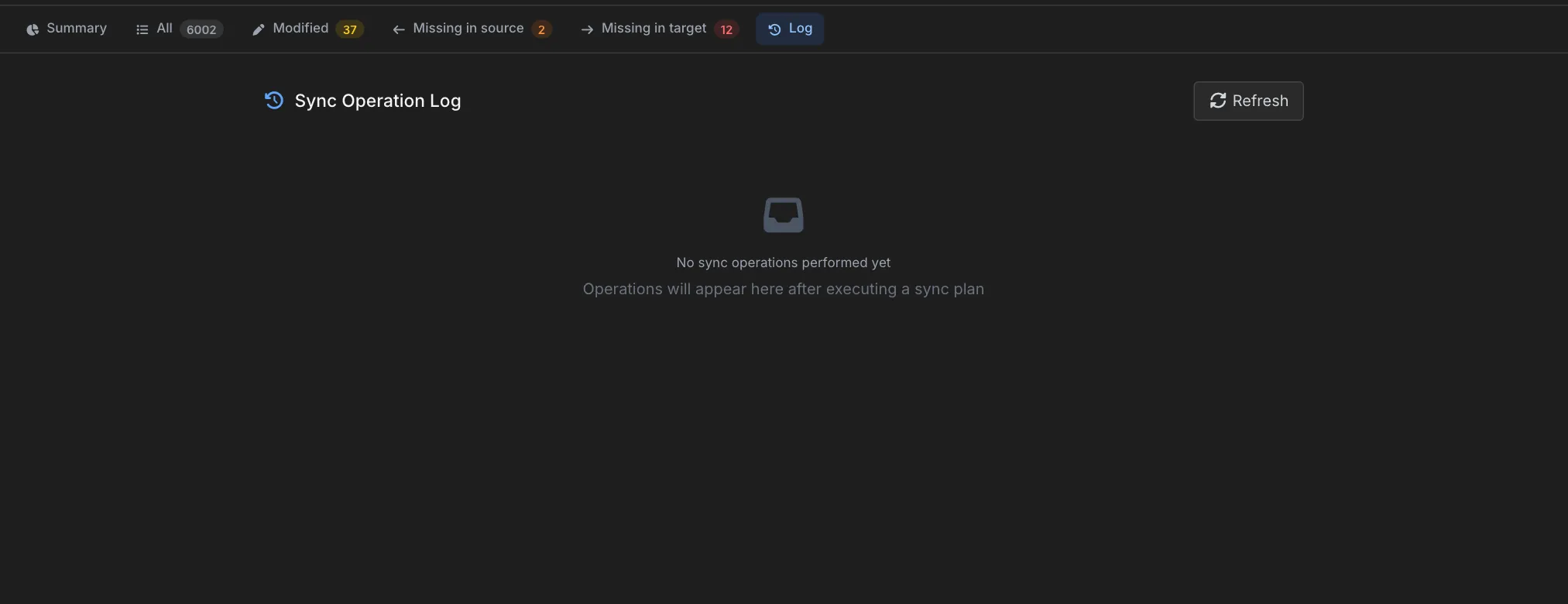 Log tab showing the Sync Operation Log with a Refresh button and the message No sync operations performed yet