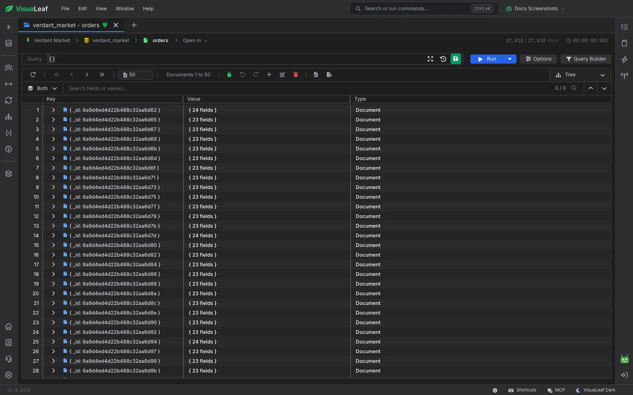 Collection View for the orders collection with the Query bar, Run, Options and Query Builder buttons at the top and documents listed below in Tree View