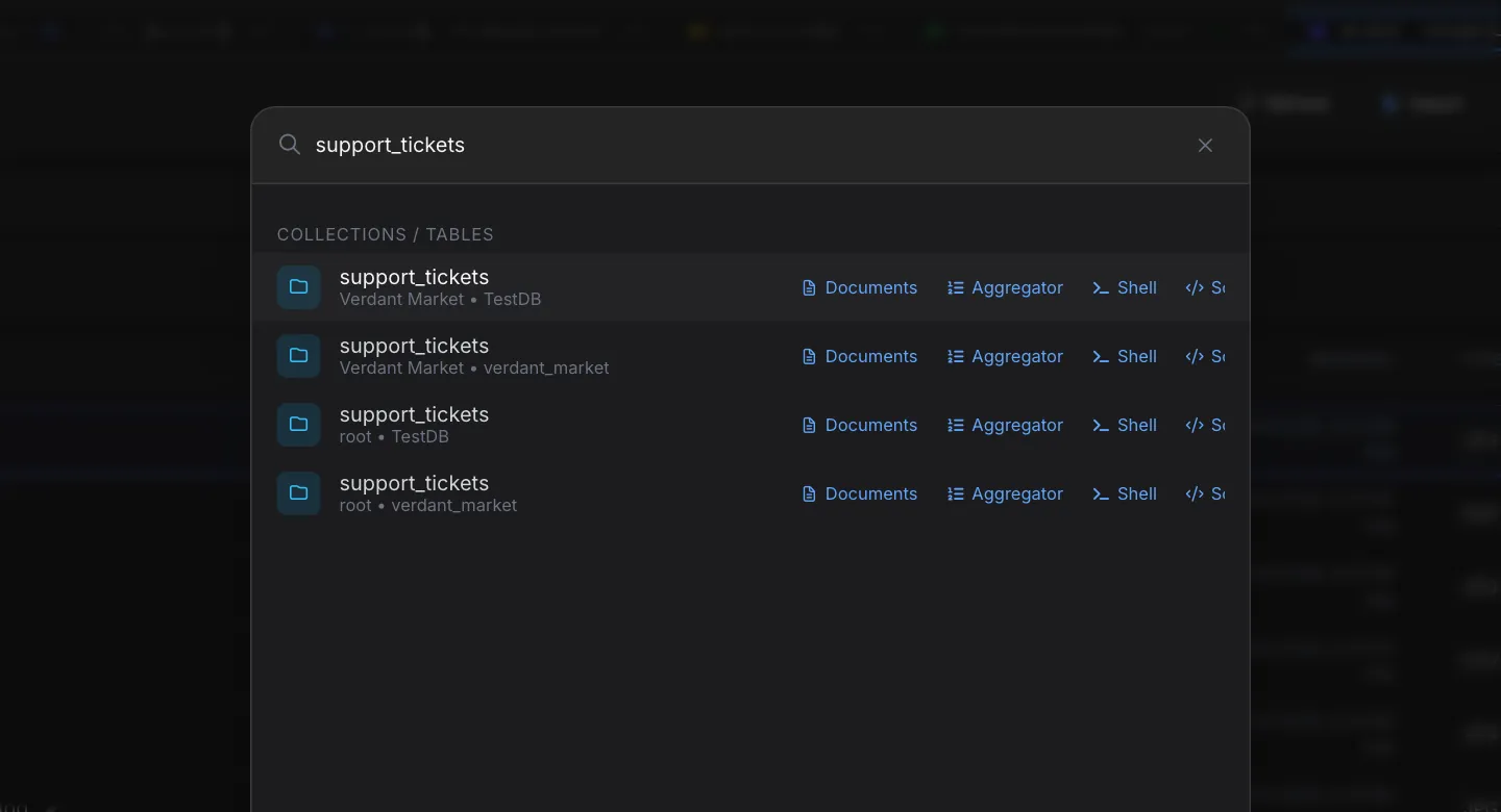 Command Palette search for support_tickets showing four matching collections under Collections / Tables, each labelled with its connection and database (Verdant Market or root, TestDB or verdant_market) and followed by Documents, Aggregator, Shell and Schema chips