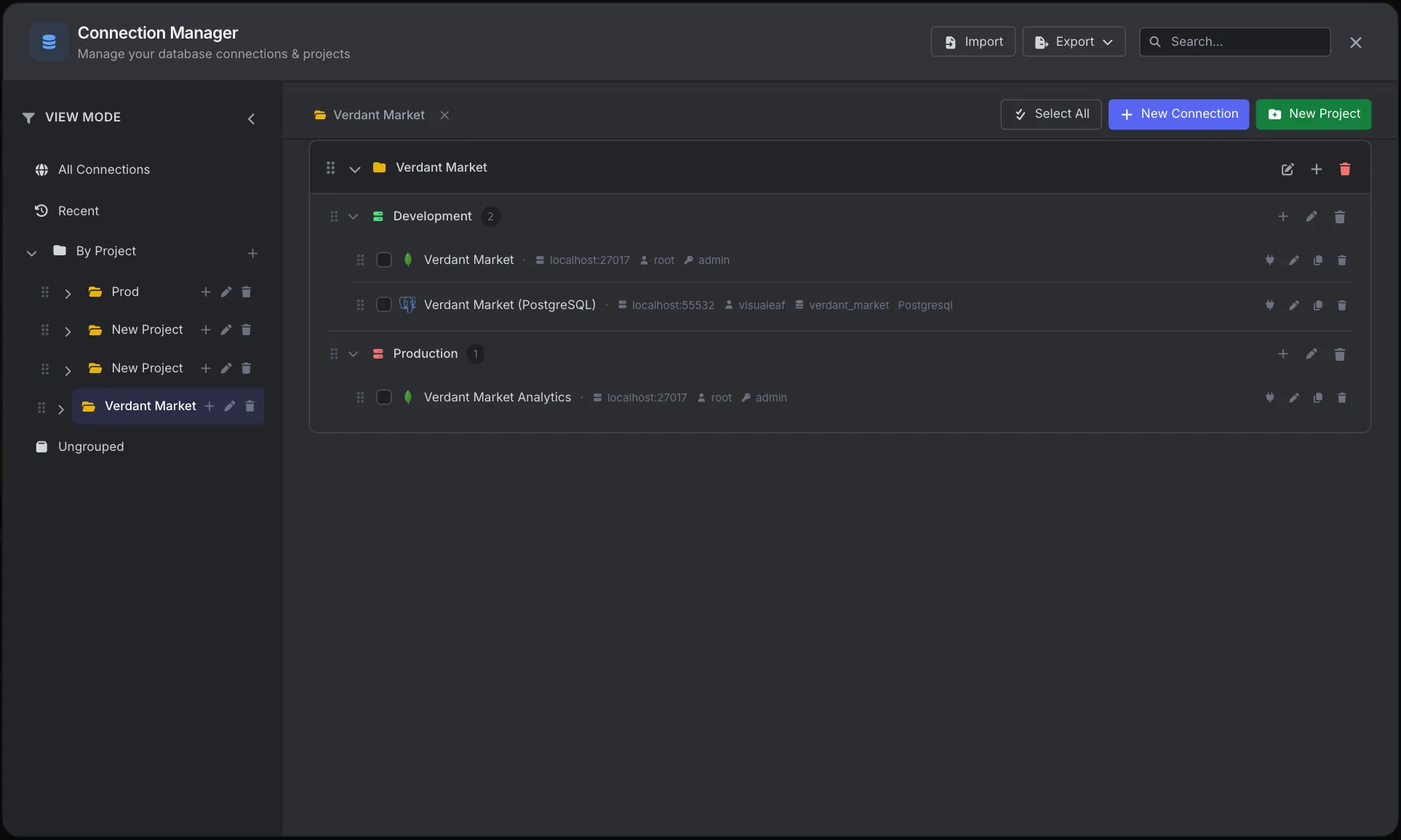 VisuaLeaf Connection Manager with connections organized into projects and environments