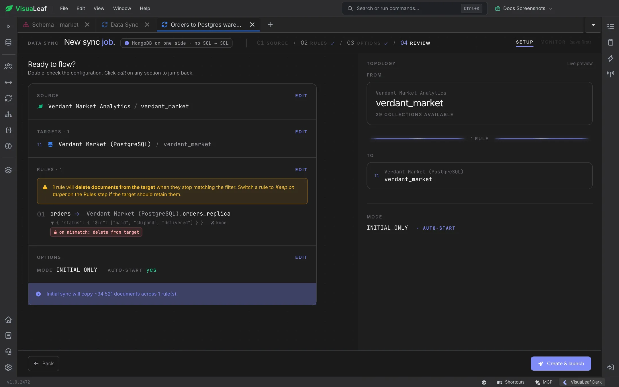 Review step summarizing the source, the PostgreSQL target, one orders rule set to delete from target on mismatch, Initial only mode with auto-start, and an estimate of about 34,521 documents