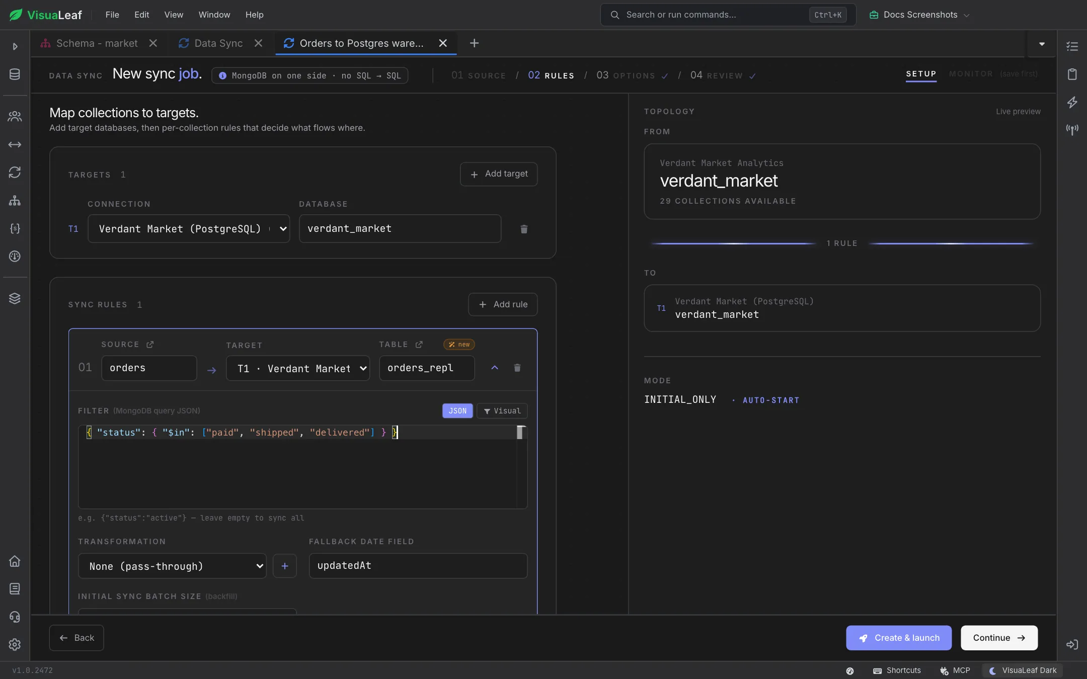 VisuaLeaf Data Sync wizard mapping a MongoDB orders collection to a new orders_repl table in PostgreSQL, filtered to paid, shipped and delivered orders, with a live topology preview on the right
