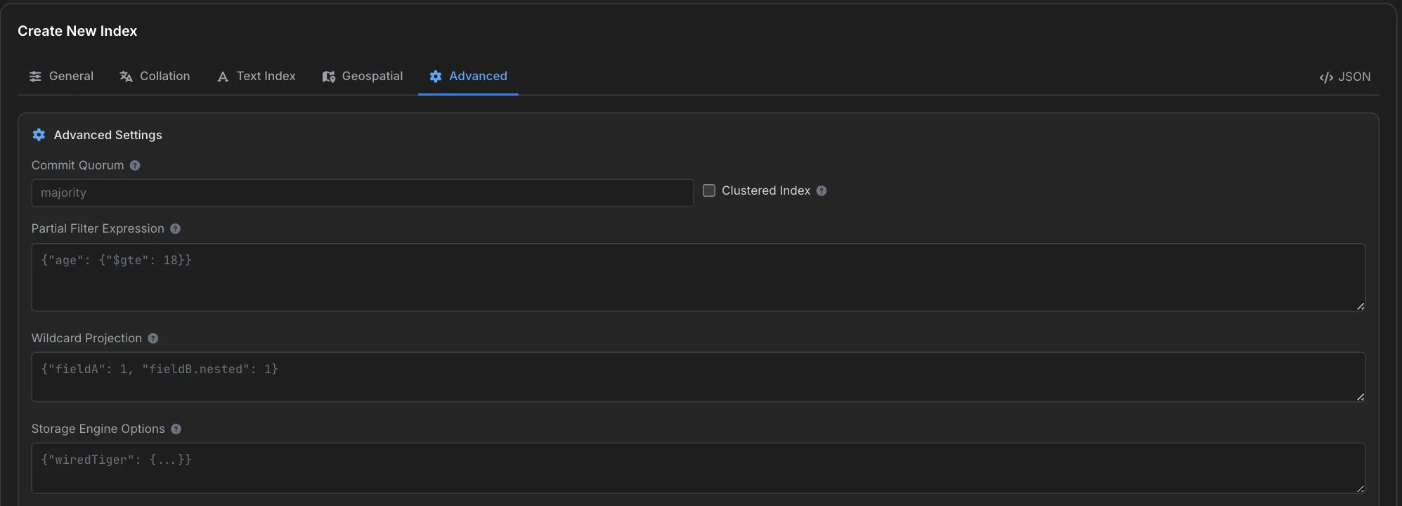 Advanced tab of the Create New Index form with partial filter, wildcard projection and storage engine options