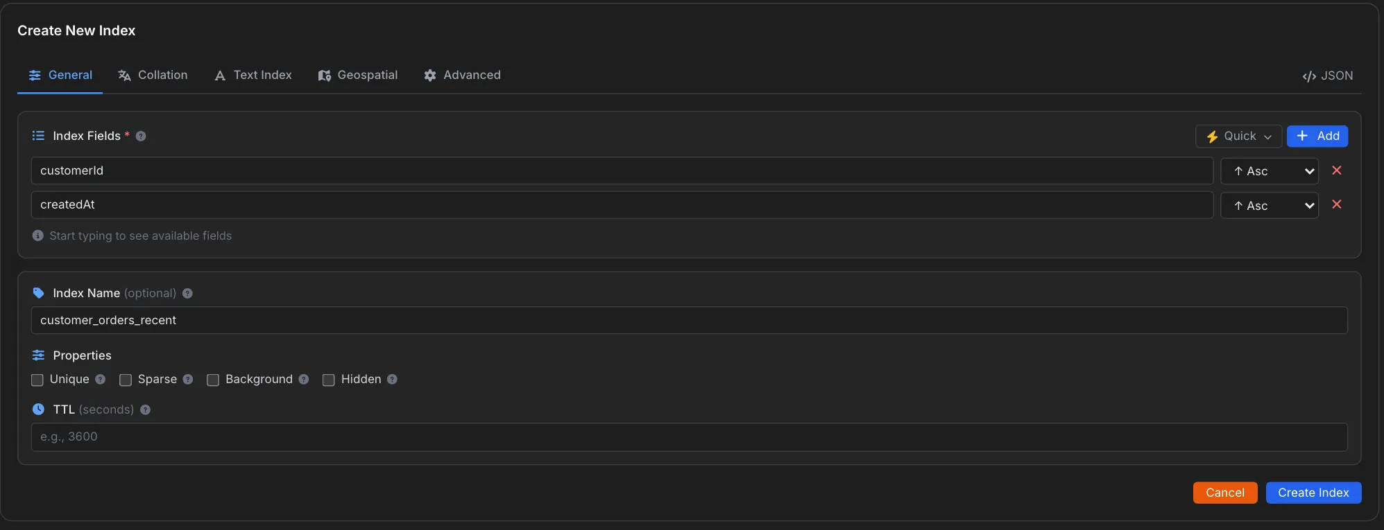 Create New Index form on the General tab with index fields, name and properties