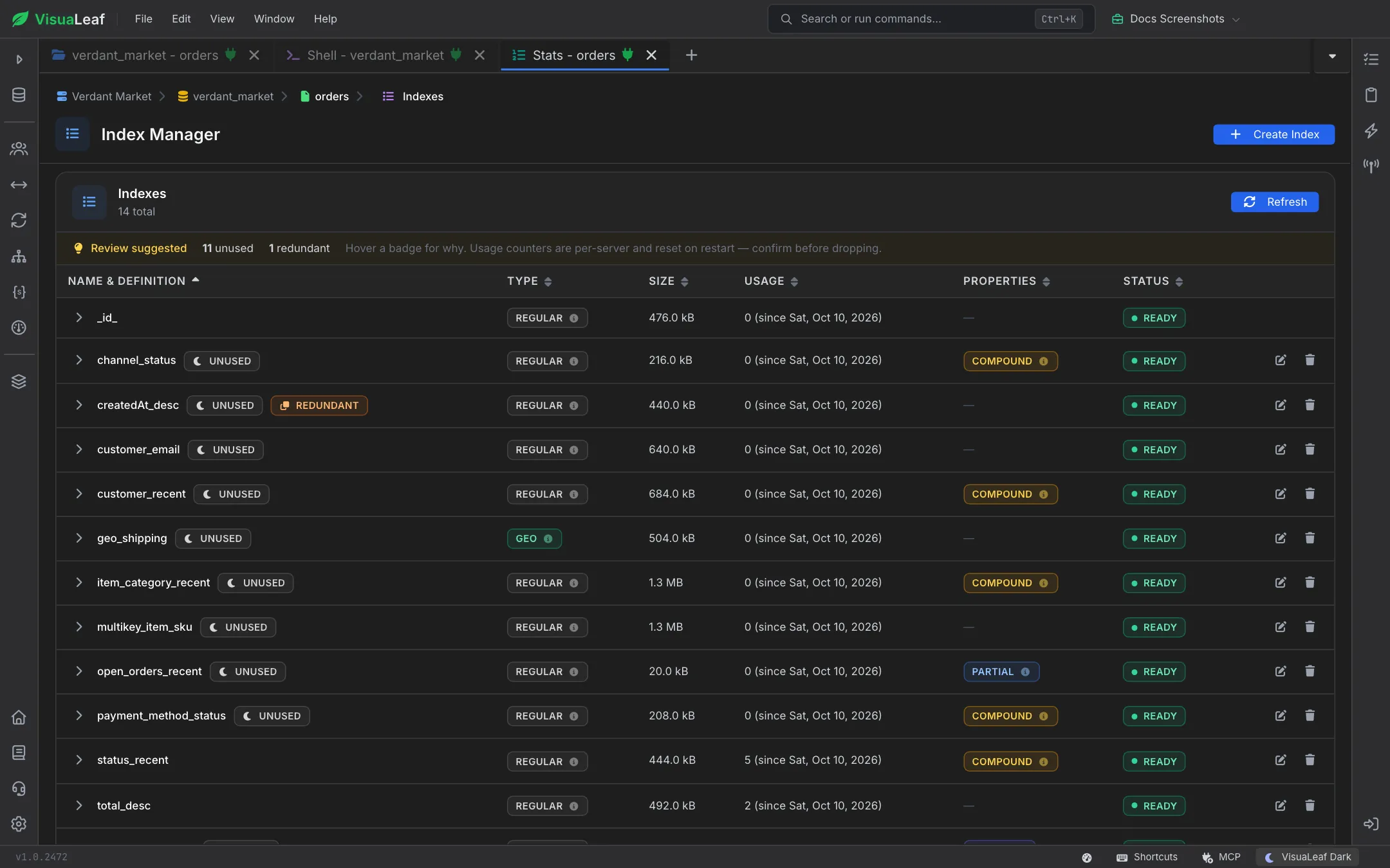 VisuaLeaf Index Manager listing the indexes of a collection with size, usage and properties, and a Review suggested banner