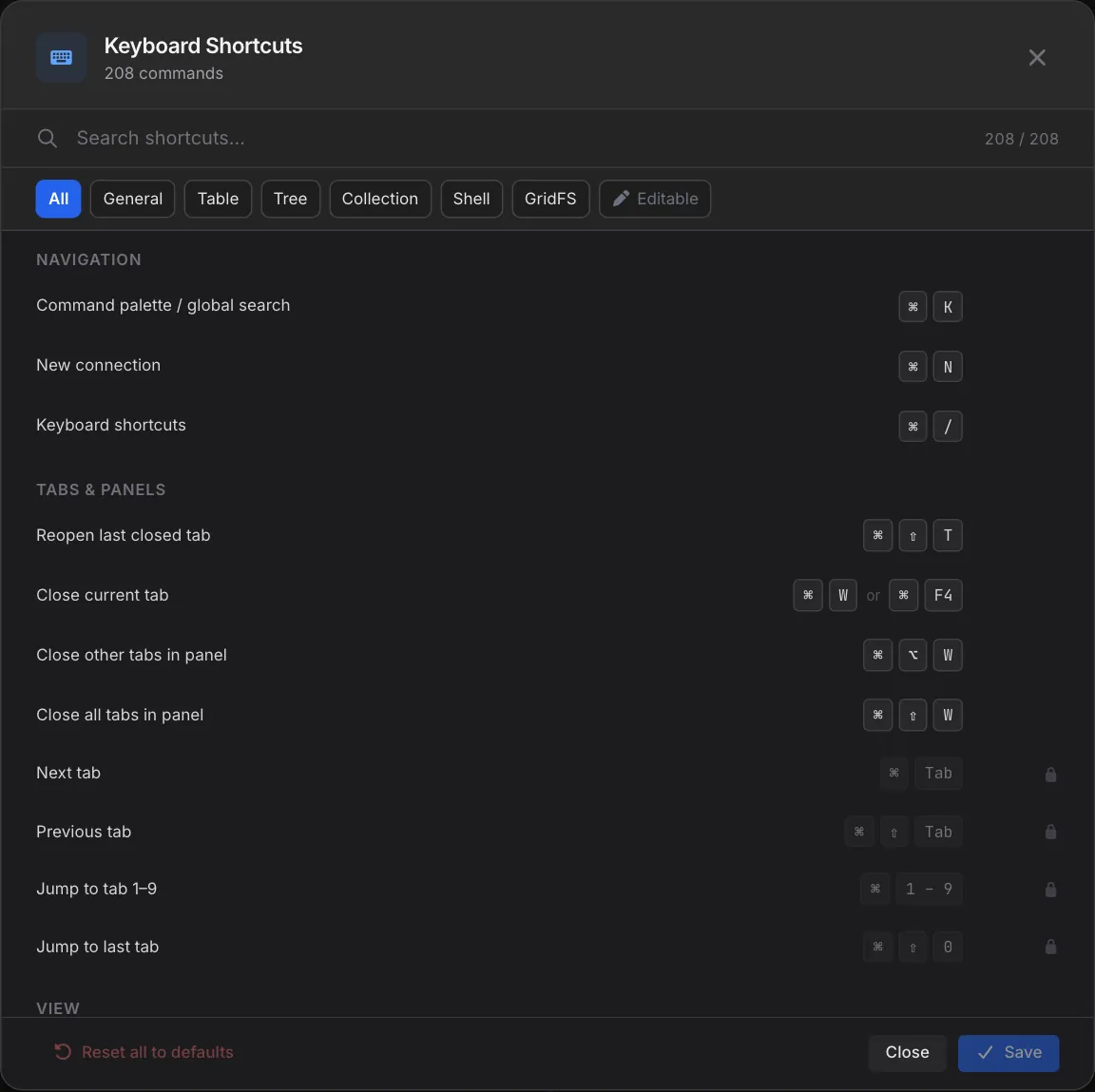 Keyboard Shortcuts window with 208 commands, category filter pills, and the Navigation and Tabs and Panels groups listing shortcuts such as Command palette and Close current tab