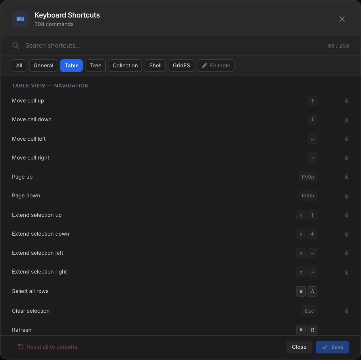 Keyboard Shortcuts filtered to Table, showing 86 of 208 commands in the Table View Navigation group, such as moving between cells, extending the selection, Select all rows and Refresh