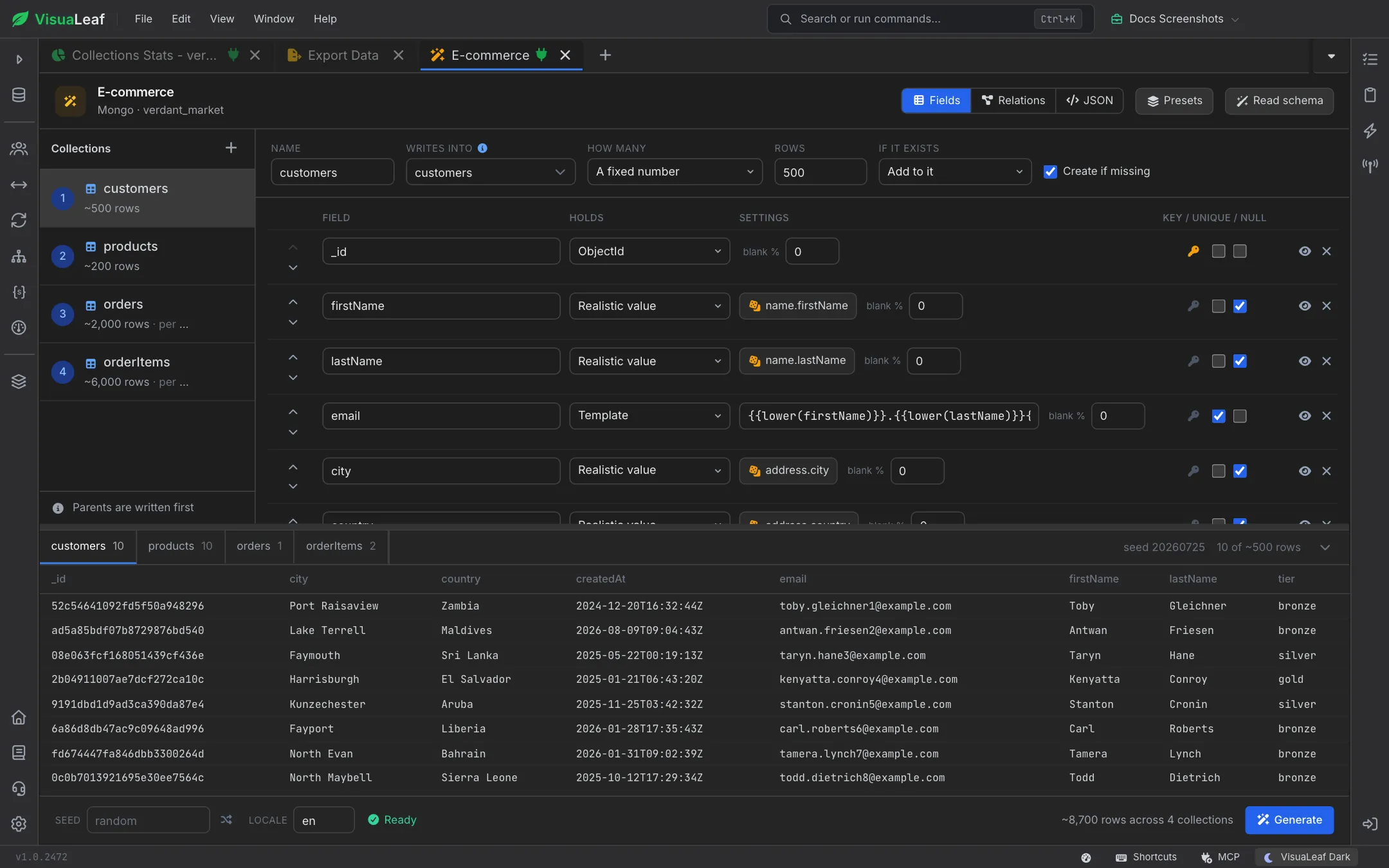 VisuaLeaf Mock Data Generator with an E-commerce dataset: customers, products, orders and order items on the left, the customer fields in the middle and a live sample of generated customers below