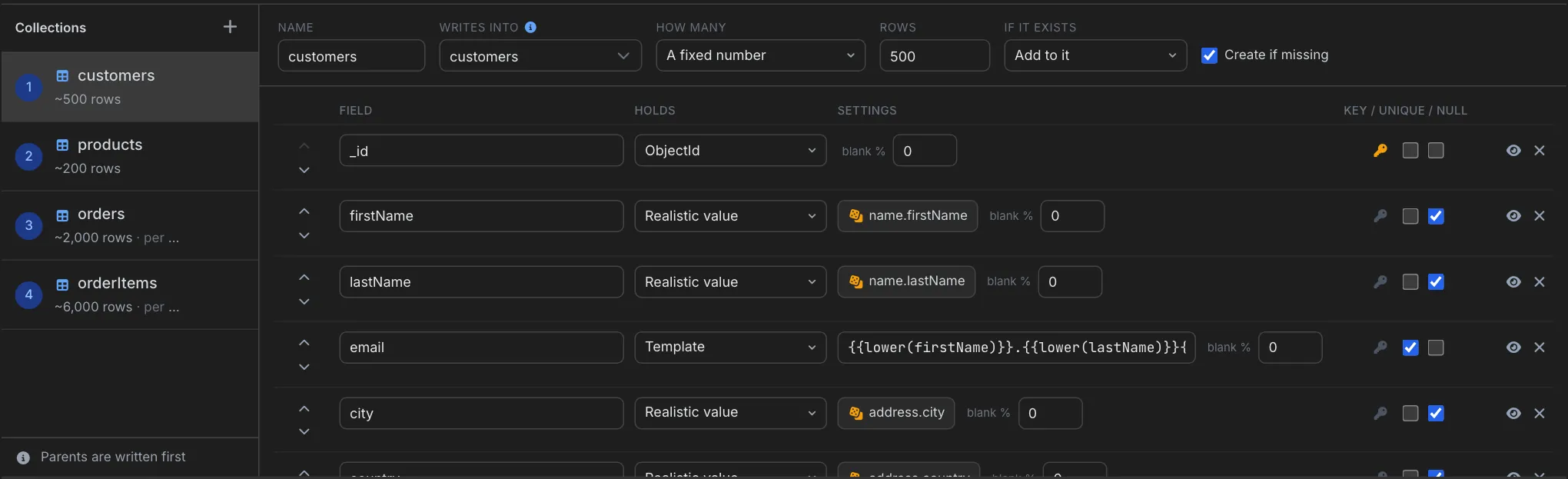 Field editor for the customers collection: 500 rows, with firstName, lastName and city as realistic values and email built from a template