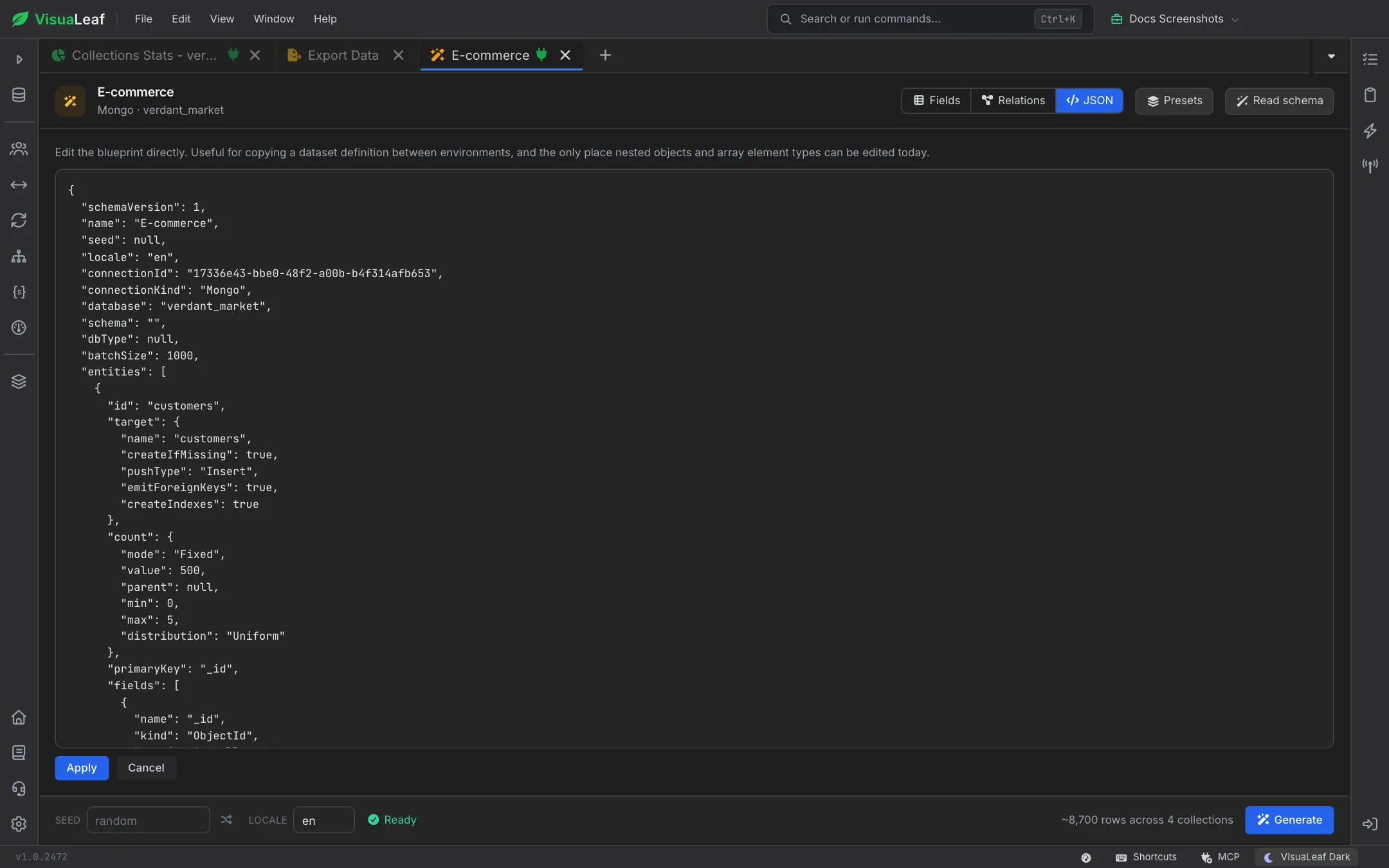 JSON blueprint of the E-commerce dataset with Apply and Cancel buttons below the editor