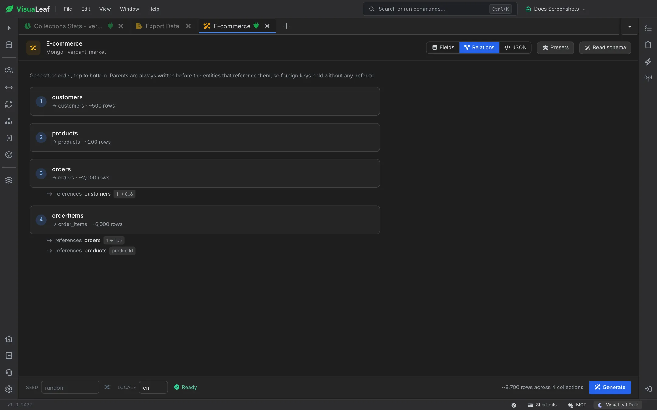 Relations view listing customers, products, orders and orderItems in generation order, with orders referencing customers and order items referencing orders and products