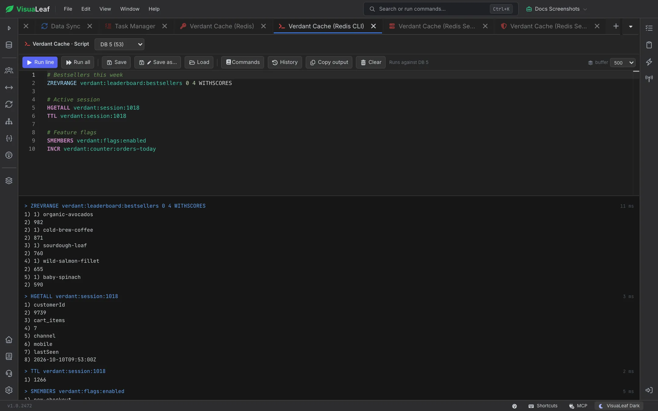Redis CLI script with ZREVRANGE, HGETALL, TTL, SMEMBERS and INCR commands, and the output pane showing each command's reply and timing
