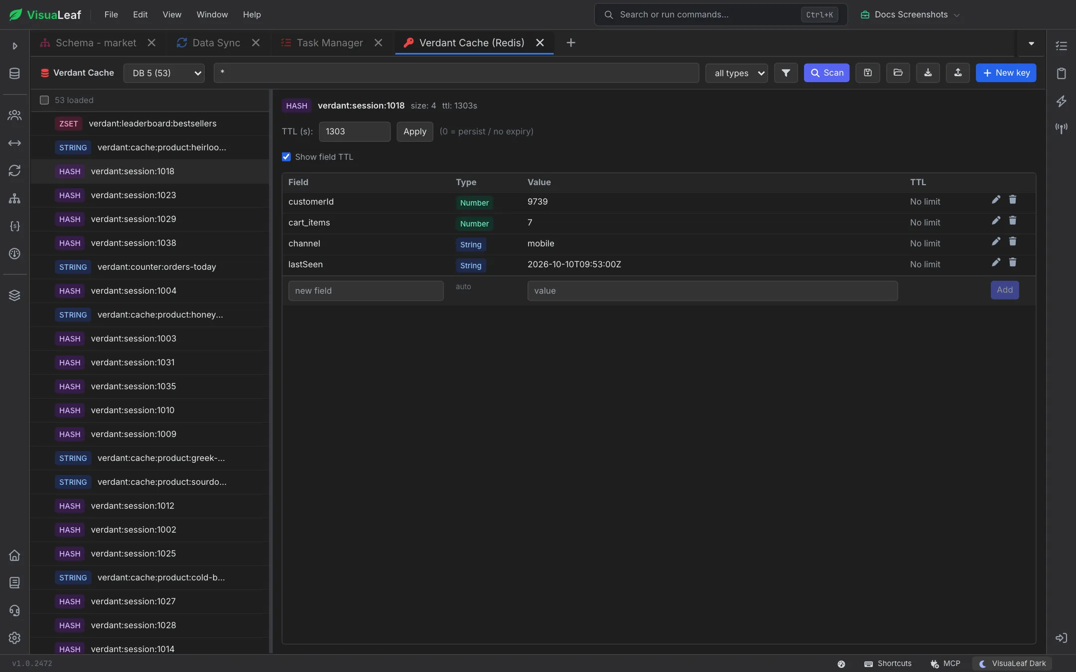Redis key browser on DB 5 with a list of verdant keys tagged HASH, STRING and ZSET, and the hash verdant:session:1018 open with its fields, types, values and TTL