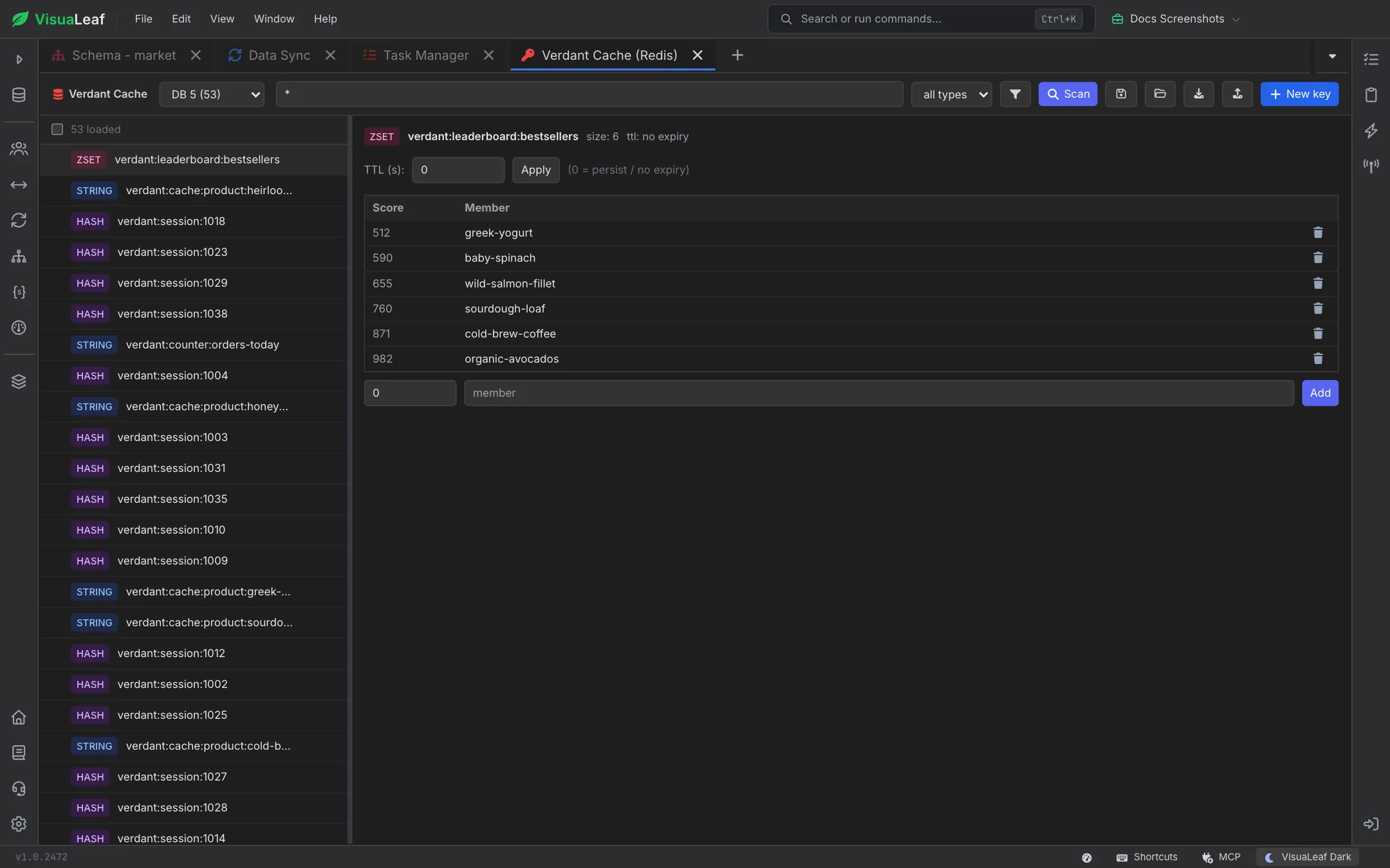 Sorted set verdant:leaderboard:bestsellers showing six products with their scores, a delete button per member, and inputs to add a score and member