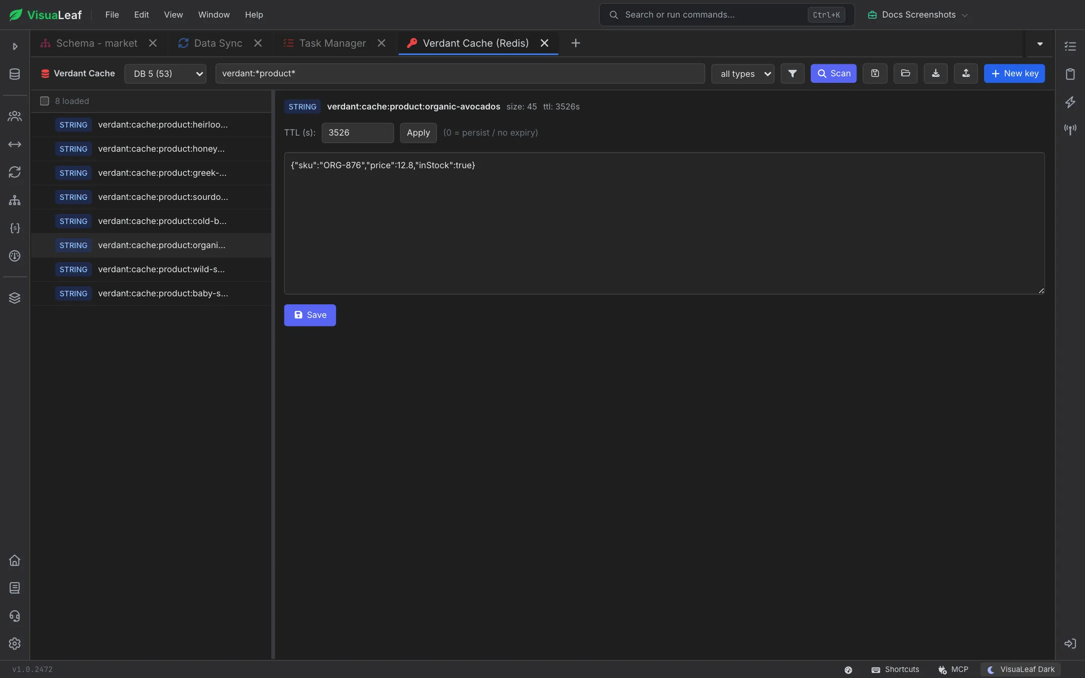 Key browser filtered with the pattern verdant:*product* showing eight STRING keys, with a JSON product value and a TTL of 3526 seconds