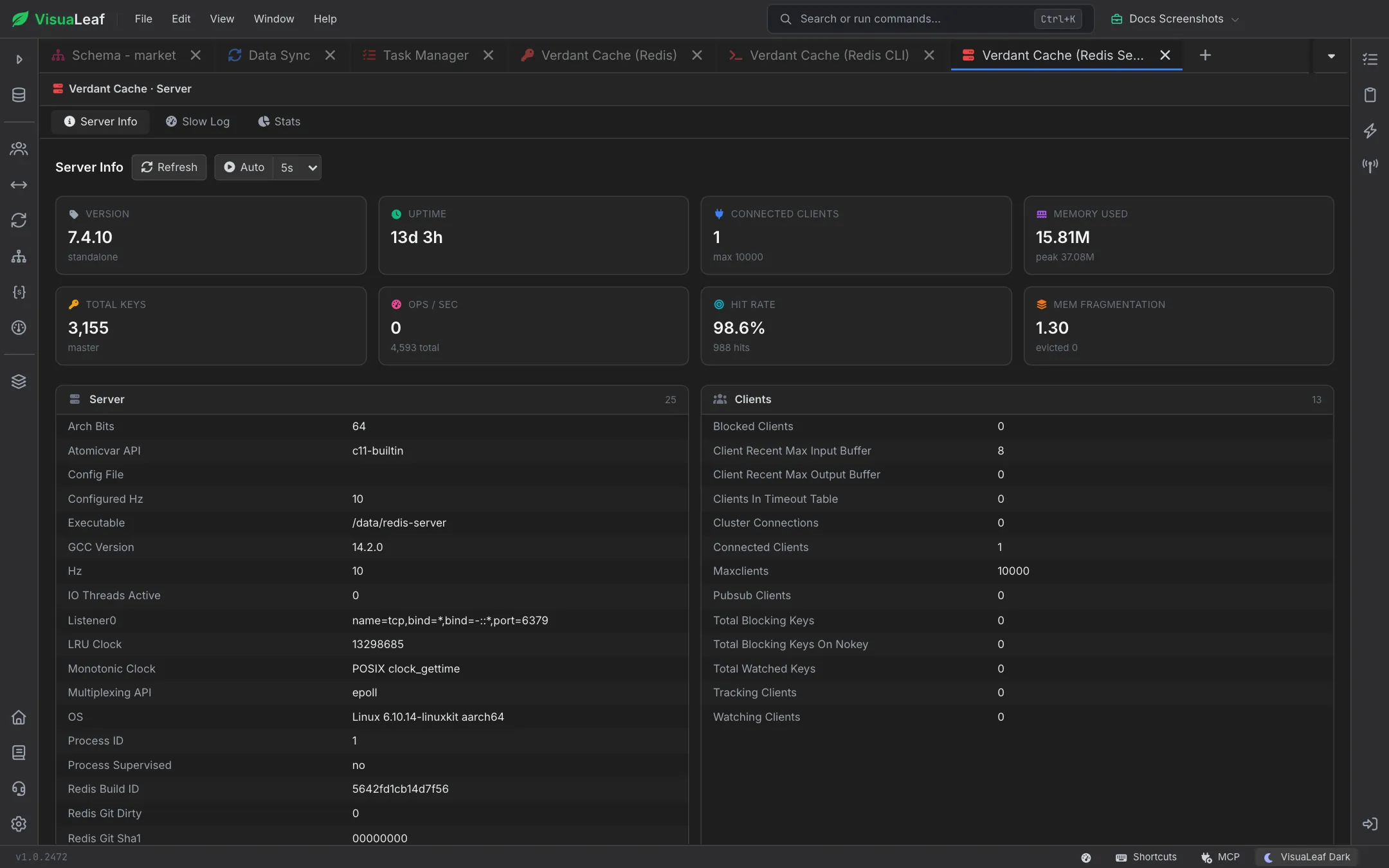 Redis Server Info with cards for version 7.4.10, uptime, clients, memory, total keys, ops per second, hit rate and fragmentation, above Server and Clients tables