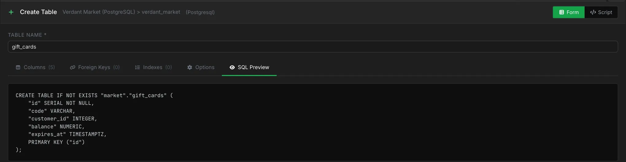 SQL Preview tab showing the generated CREATE TABLE IF NOT EXISTS market.gift_cards statement with five columns and a primary key on id