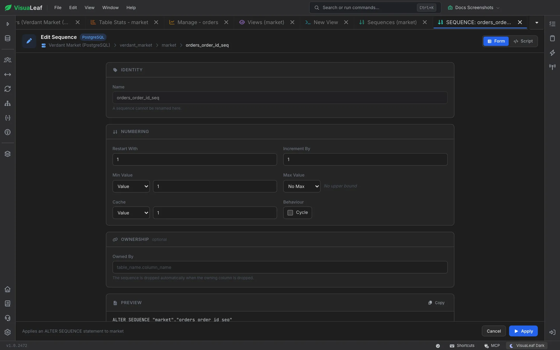 Edit Sequence form for market.orders_order_id_seq on PostgreSQL: a read-only Name, Restart With, Increment By, Min Value, Max Value set to No Max, Cache and a Cycle checkbox, an optional Owned By field, the start of the ALTER SEQUENCE preview, and Cancel and Apply buttons