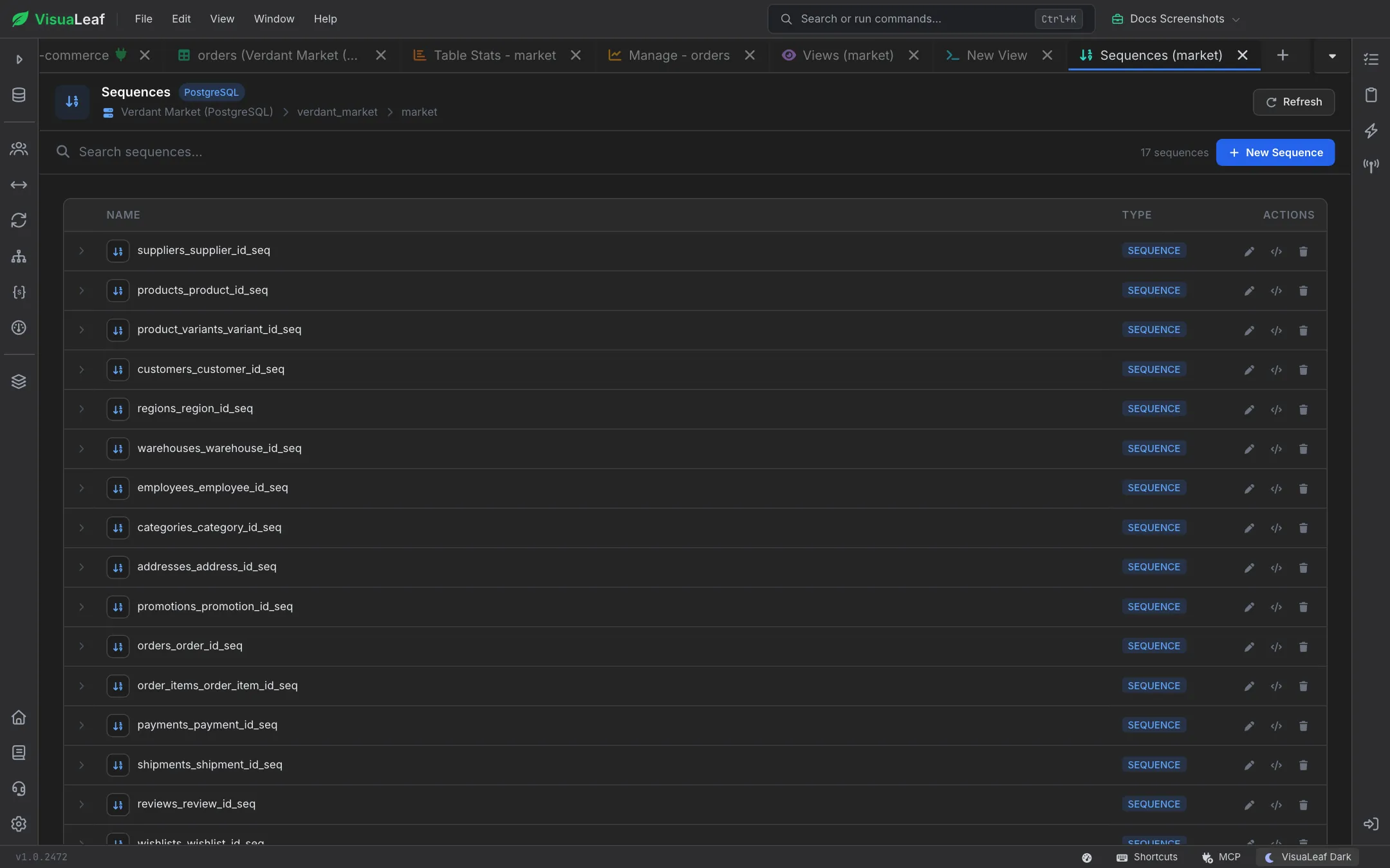 Sequences list for the market schema of Verdant Market (PostgreSQL) showing 17 sequences such as orders_order_id_seq, each with a SEQUENCE badge and edit, DDL and drop actions, plus a search box and a New Sequence button