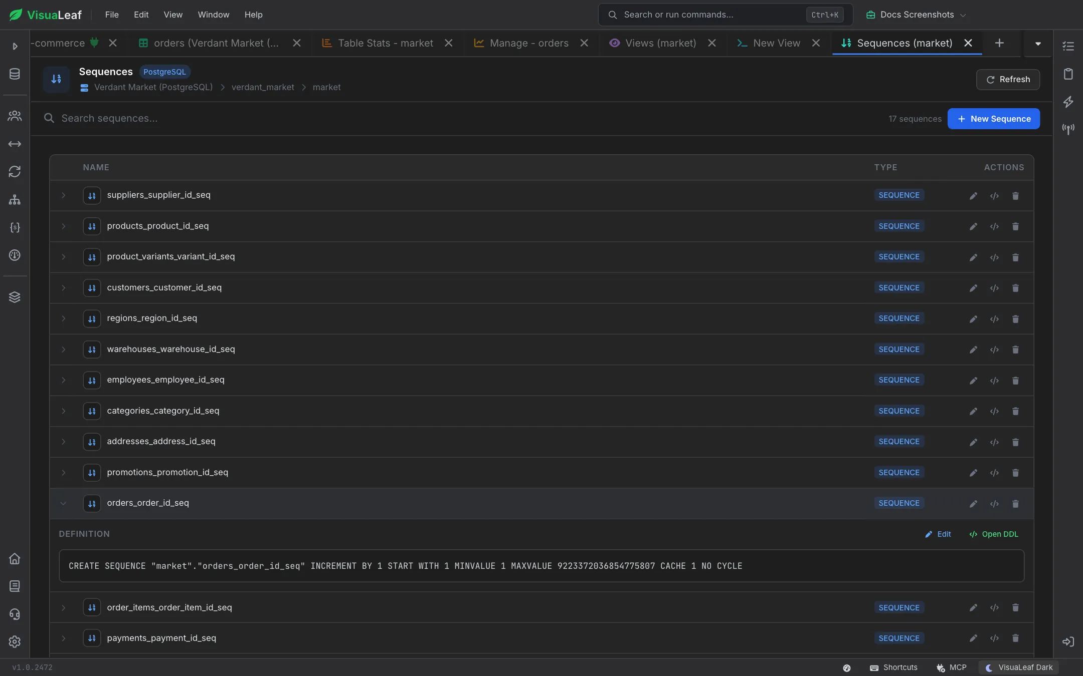 The orders_order_id_seq row expanded to show its definition: CREATE SEQUENCE market.orders_order_id_seq INCREMENT BY 1 START WITH 1 MINVALUE 1 MAXVALUE 9223372036854775807 CACHE 1 NO CYCLE