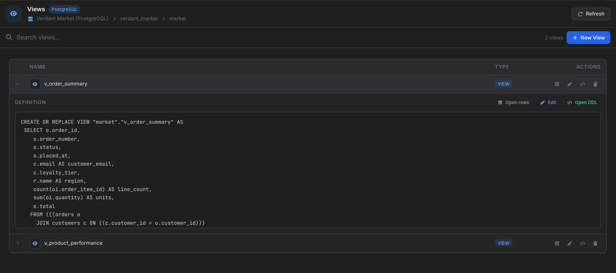 The v_order_summary row expanded to show its CREATE OR REPLACE VIEW definition joining orders and customers, with Open rows, Edit and Open DDL links
