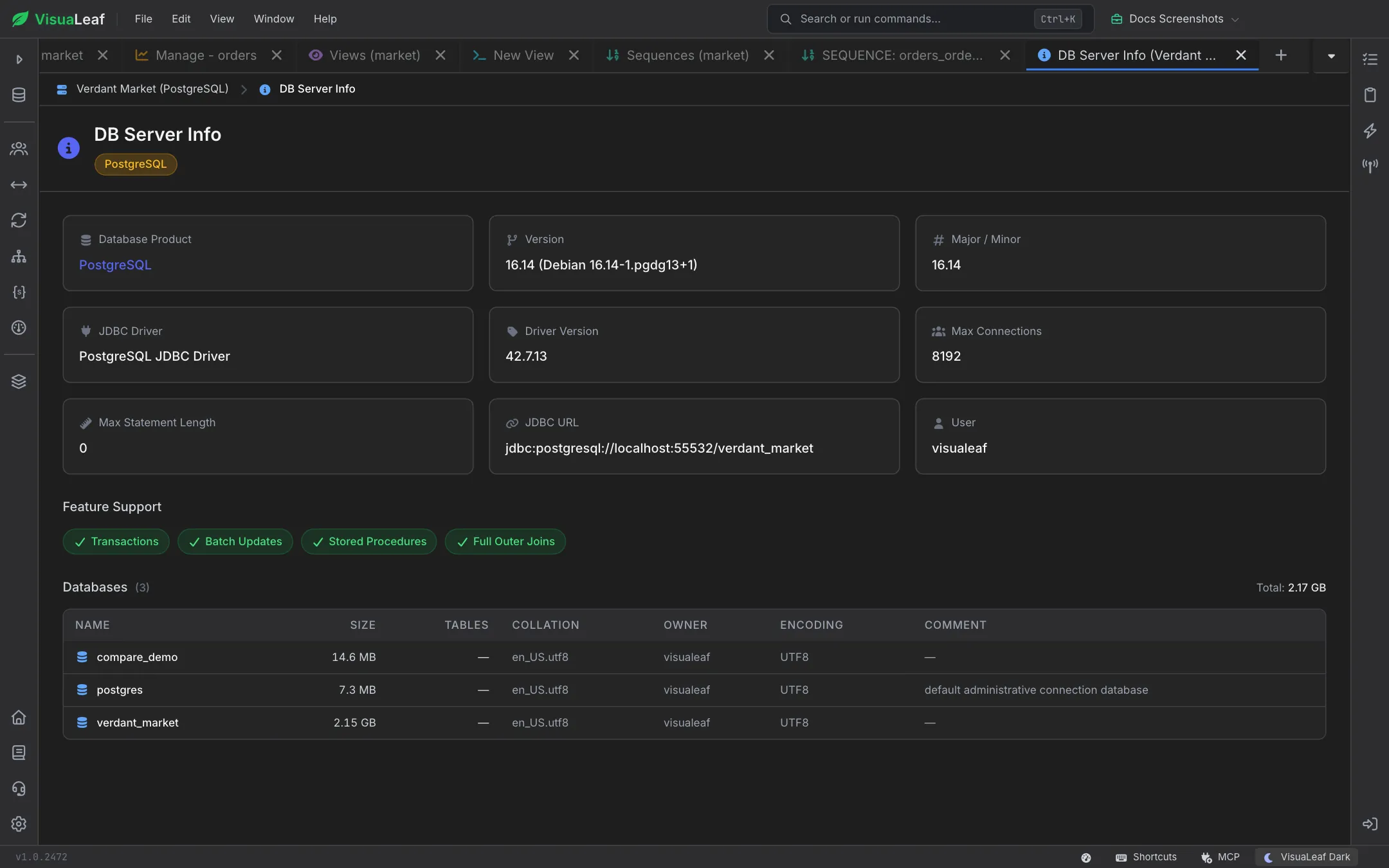 DB Server Info for Verdant Market (PostgreSQL): info cards for PostgreSQL 16.14, the JDBC driver 42.7.13, 8192 max connections, the JDBC URL and user, four green Feature Support chips, and a Databases table listing three databases totalling 2.17 GB