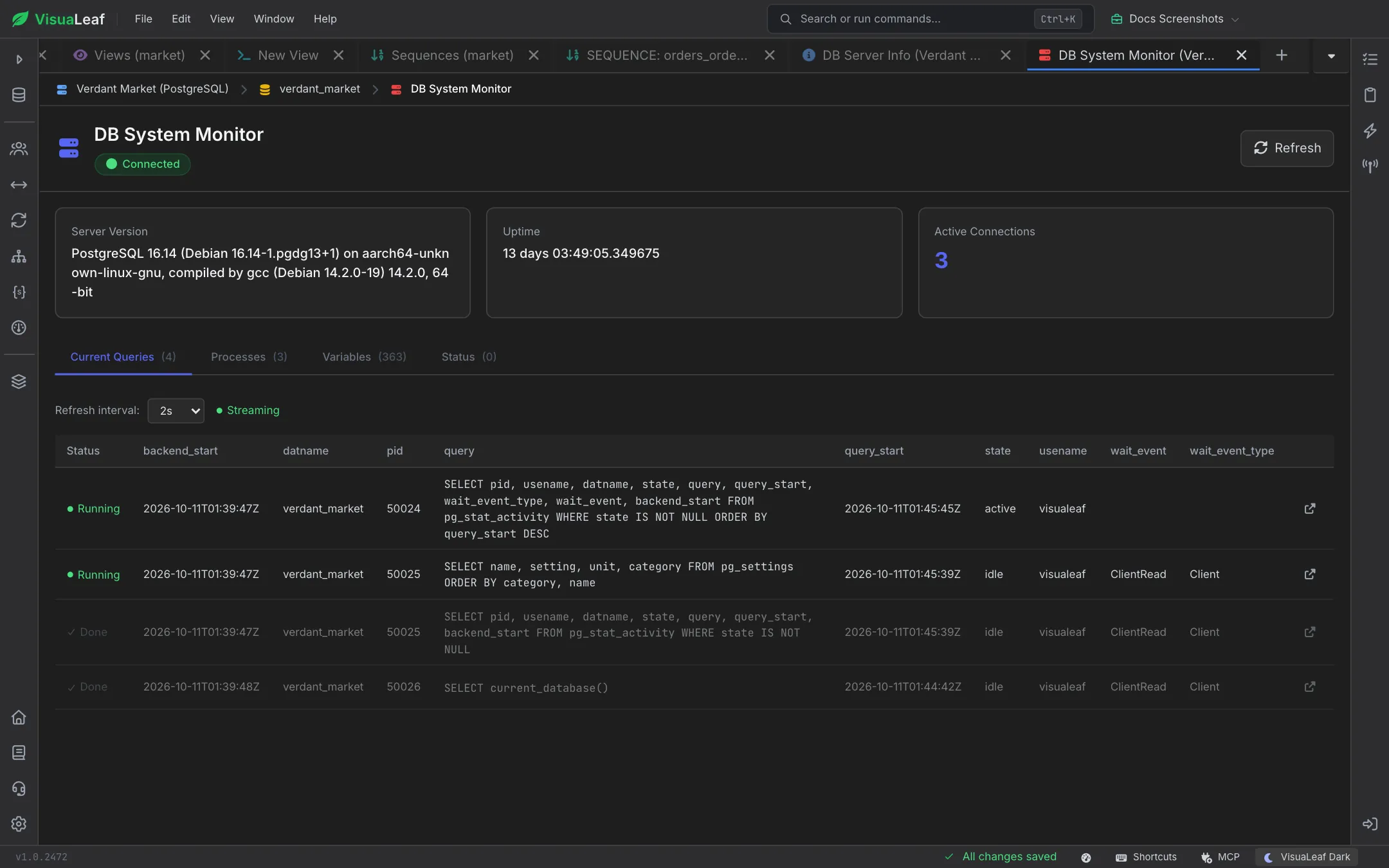 DB System Monitor for Verdant Market (PostgreSQL): Server Version, Uptime and Active Connections cards above the Current Queries tab, streaming every 2s, with two Running and two Done queries