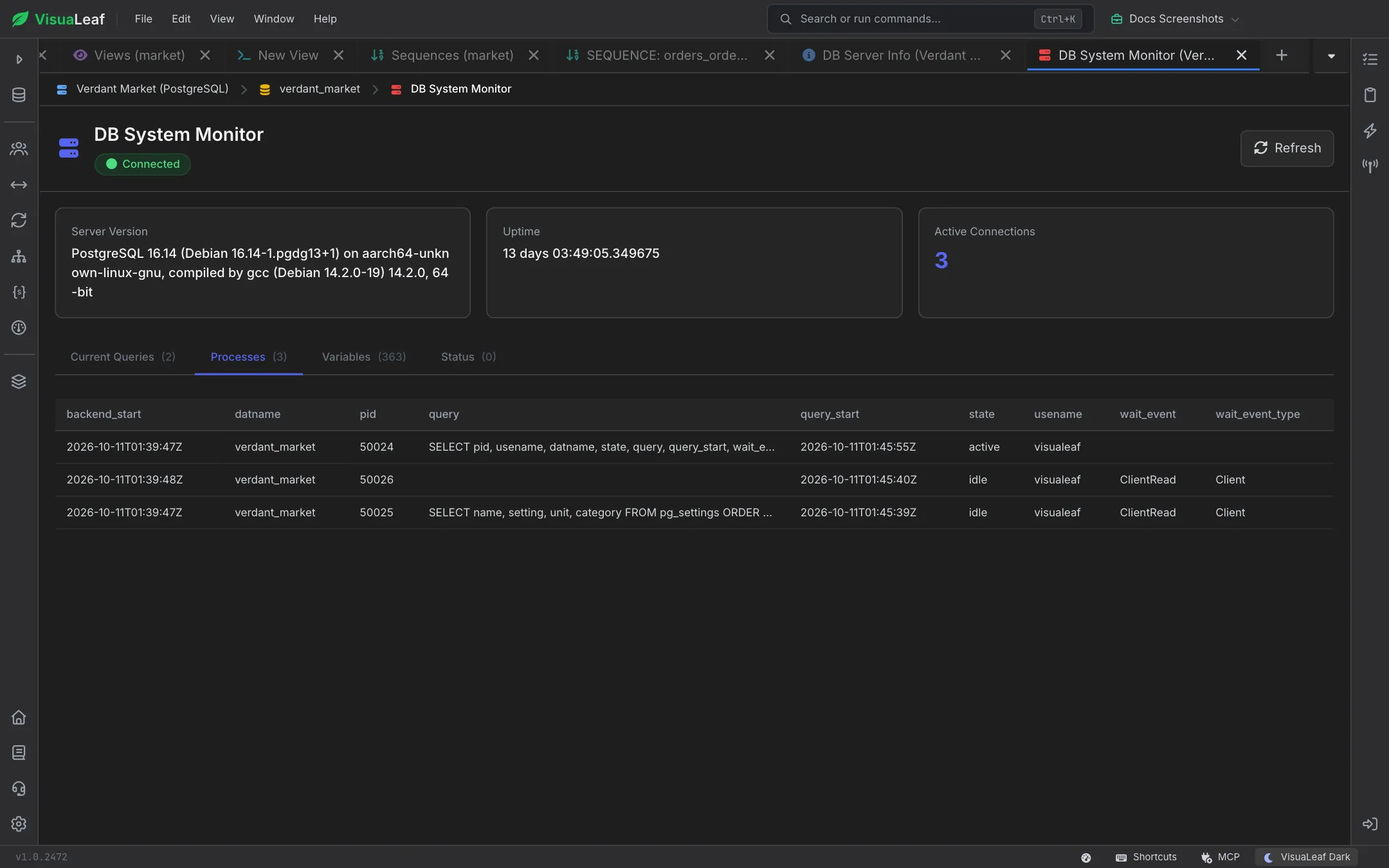 Processes tab listing three PostgreSQL sessions on verdant_market with backend start, pid, query, query start, state, user name and wait event columns