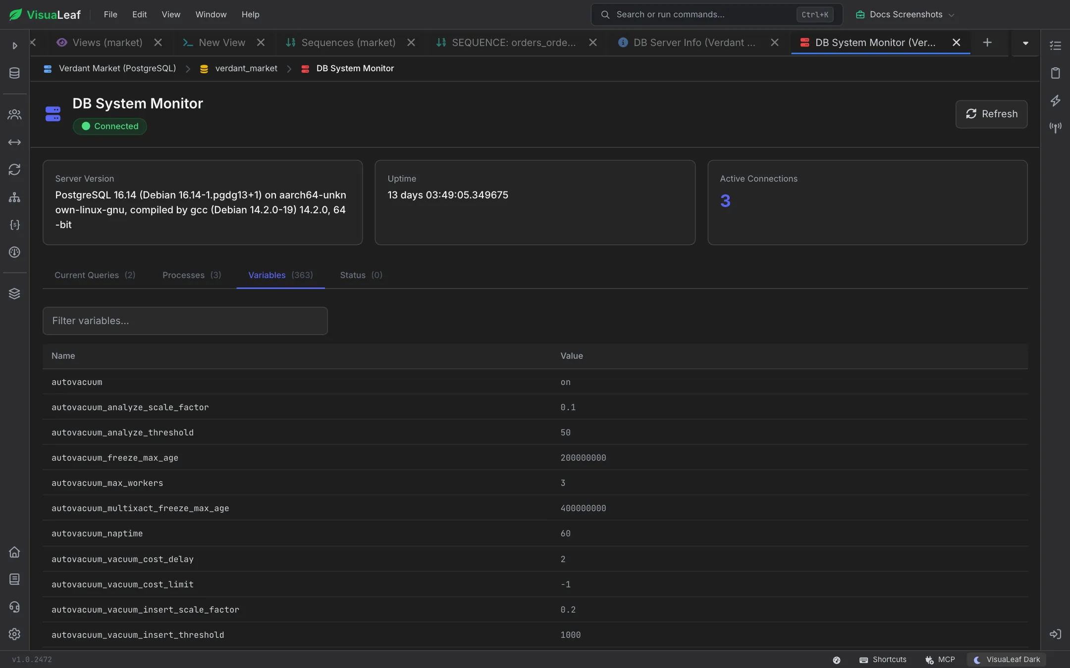 Variables tab with a Filter variables box above 363 PostgreSQL settings, starting with the autovacuum settings and their values