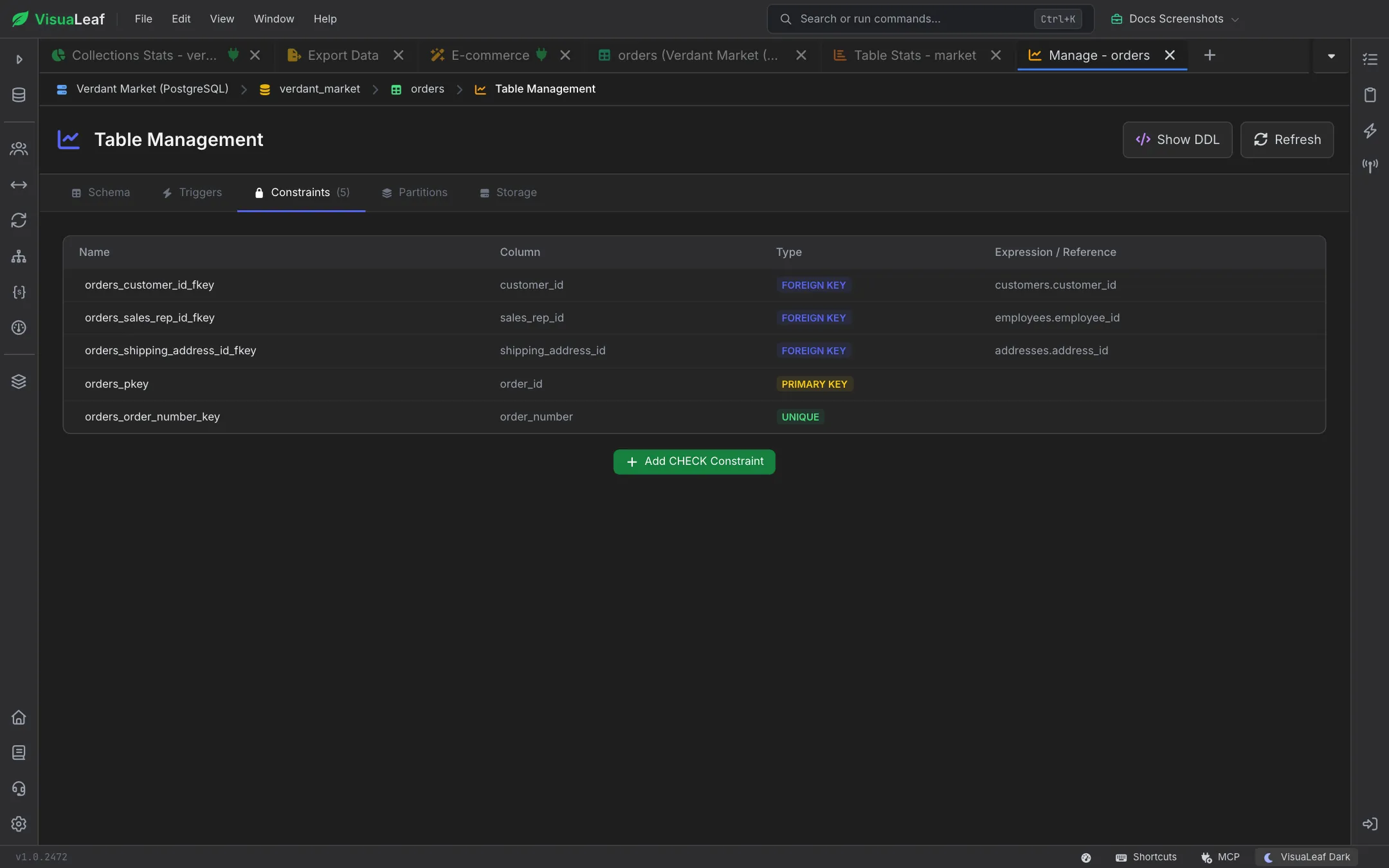 Constraints tab listing five constraints on orders: three FOREIGN KEY constraints with their referenced columns, the PRIMARY KEY on order_id and a UNIQUE constraint on order_number, with an Add CHECK Constraint button
