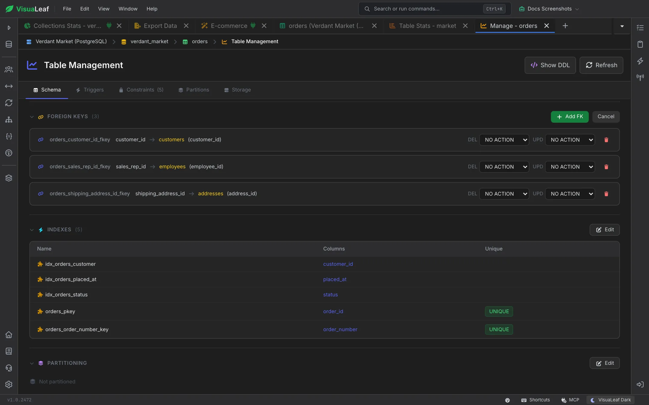 Foreign Keys section in edit mode, with DEL and UPD action dropdowns and a delete button on each constraint and Add FK and Cancel buttons