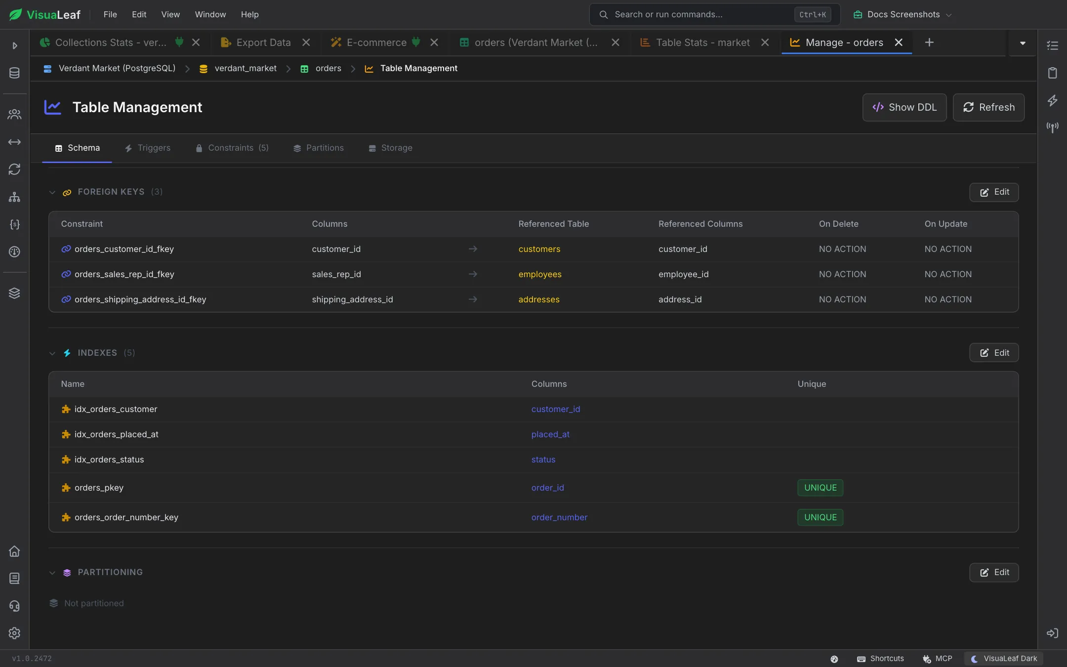 Foreign Keys section listing three constraints on orders (to customers, employees and addresses) with On Delete and On Update actions, above the Indexes section with five indexes and the Partitioning section