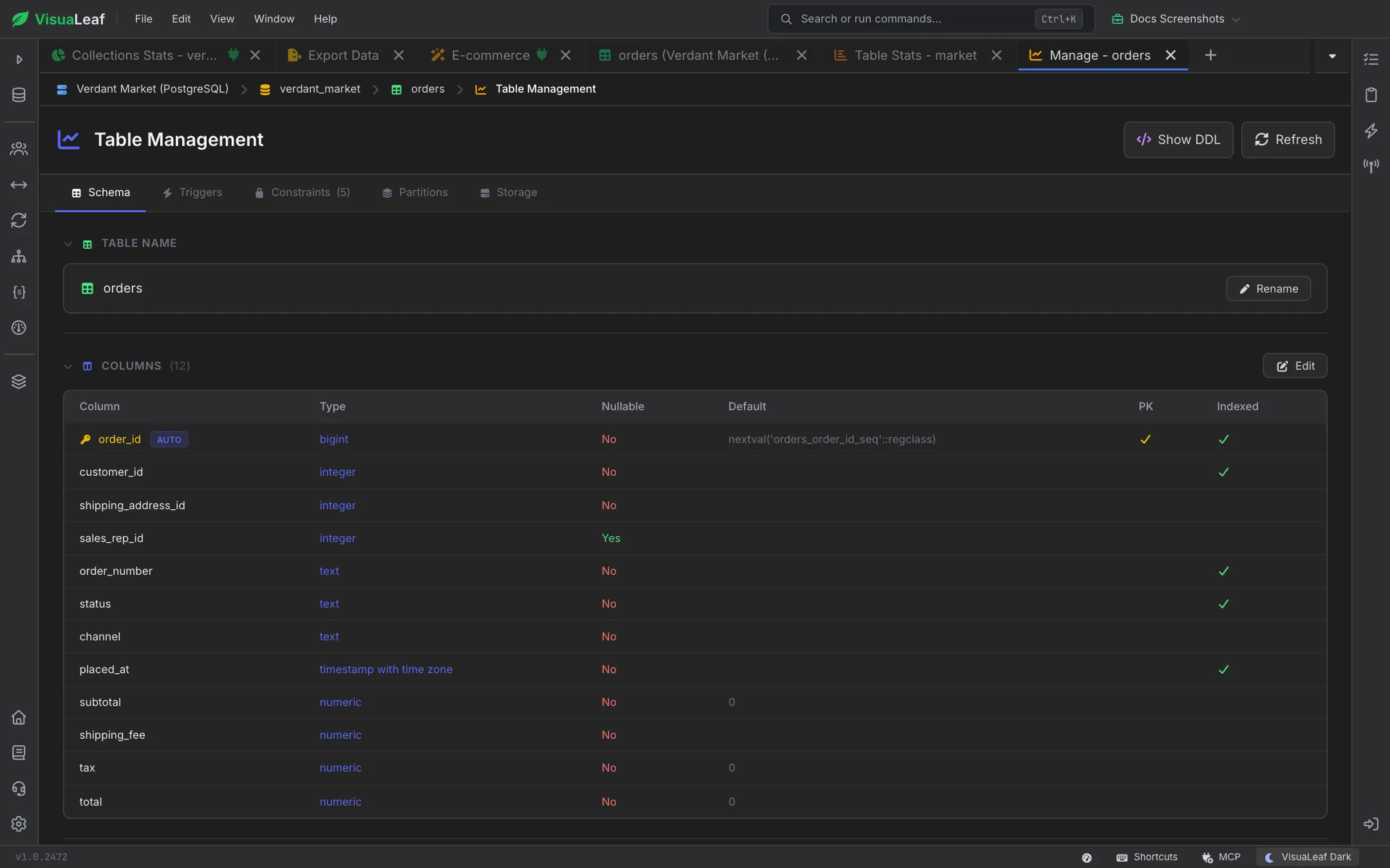 Table Management for the orders table on the Schema tab: the table name with a Rename button and the 12 columns with type, nullable, default, PK and Indexed, with order_id marked AUTO