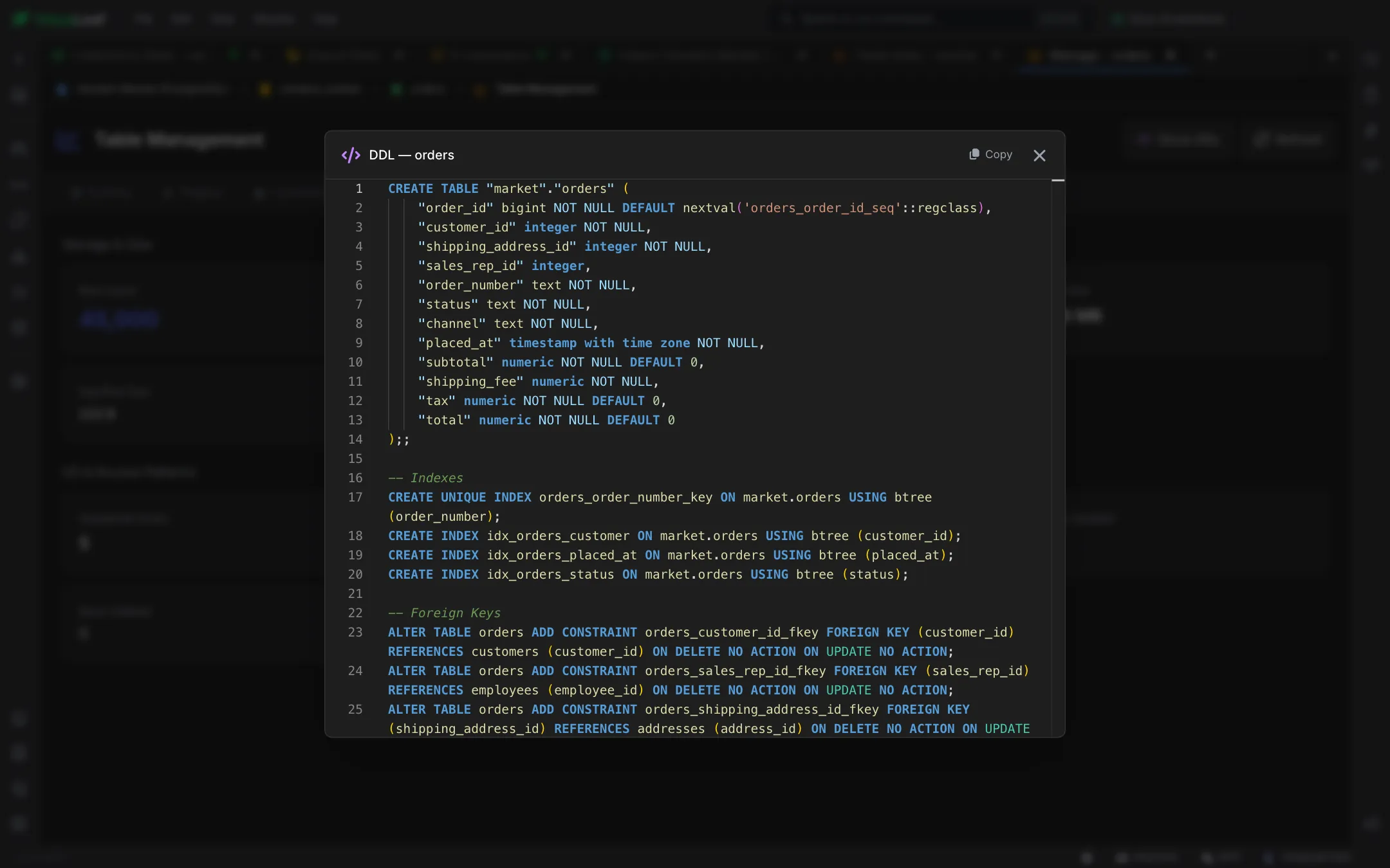 DDL viewer for the orders table showing the CREATE TABLE statement, its CREATE INDEX statements and the ALTER TABLE statements for its three foreign keys, with a Copy button