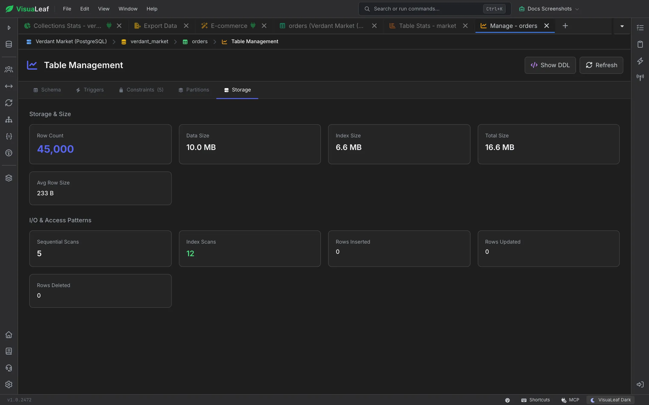 Storage tab for the orders table: 45,000 rows, 10.0 MB data, 6.6 MB indexes, 16.6 MB total and 233 B average row size, plus sequential and index scan counts and rows inserted, updated and deleted