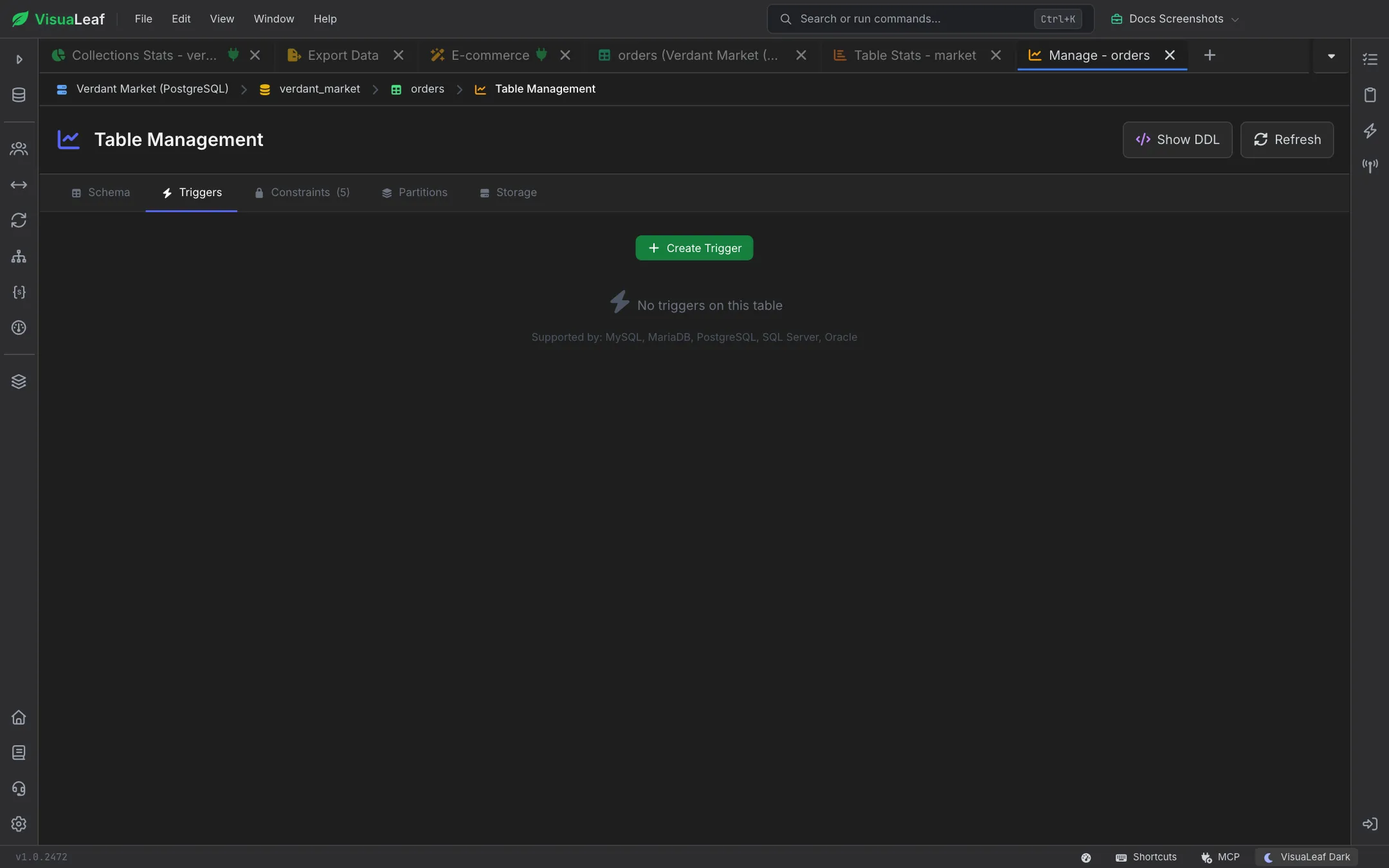 Triggers tab for the orders table showing the Create Trigger button and the empty state No triggers on this table