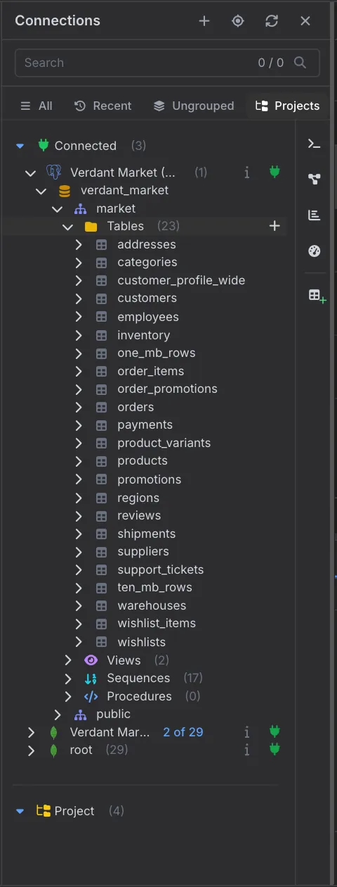 Connection tree for Verdant Market (PostgreSQL) expanded to the market schema, showing 23 tables plus Views, Sequences and Procedures folders