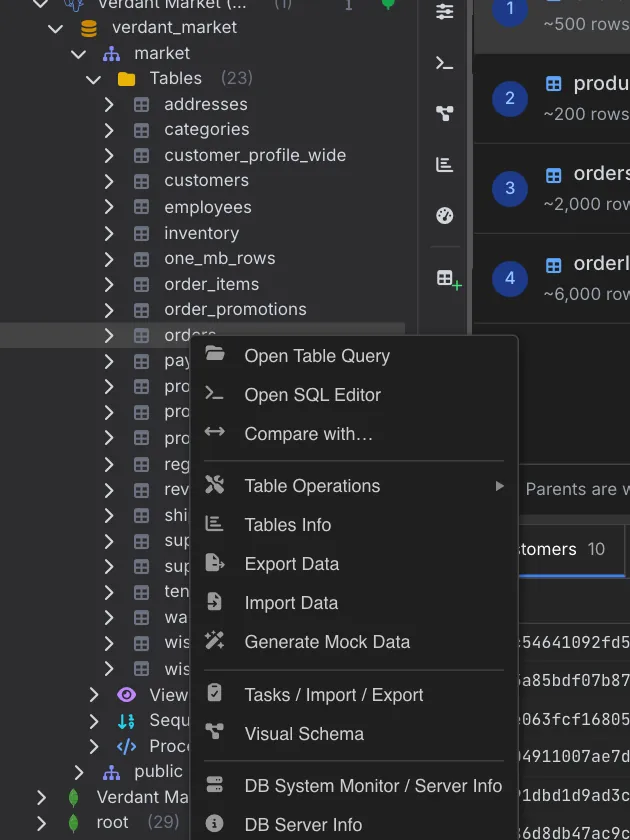 Right-click menu on the orders table with Open Table Query, Open SQL Editor, Compare with, Table Operations, Tables Info, Export Data, Import Data, Generate Mock Data, Visual Schema and server info entries