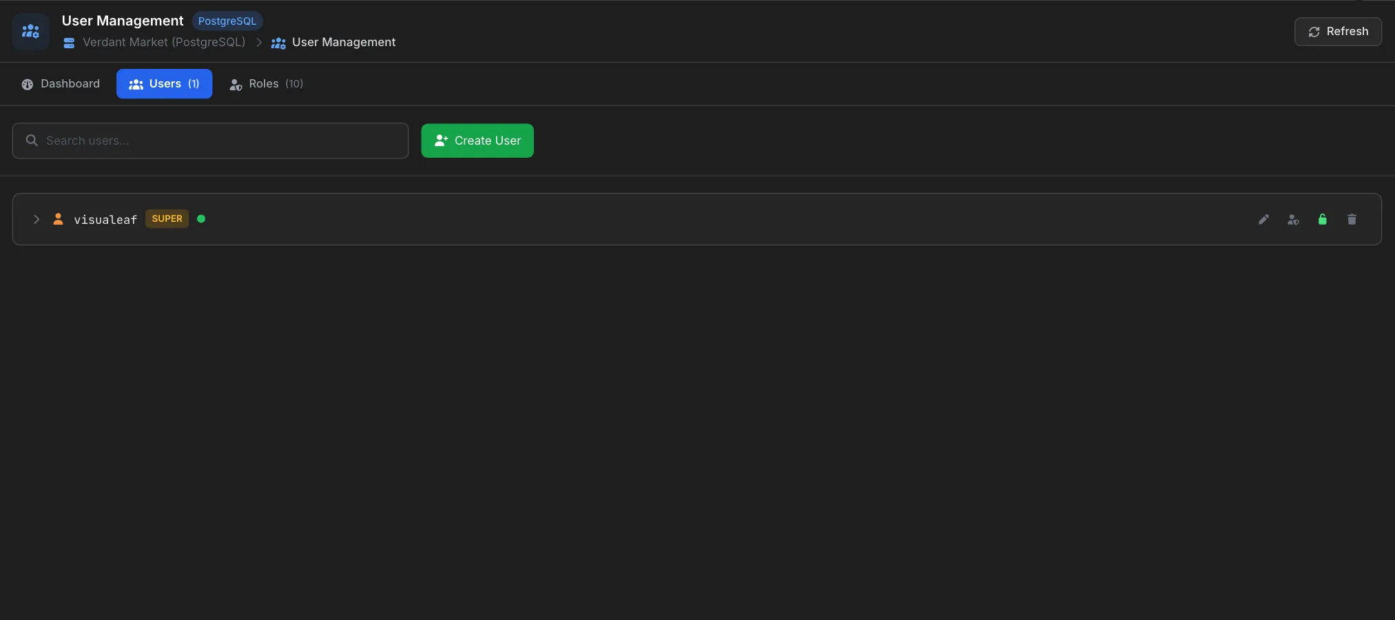 Users tab with a Search users box, the Create User button and the visualeaf user marked SUPER, with edit, roles, lock and delete buttons on the row
