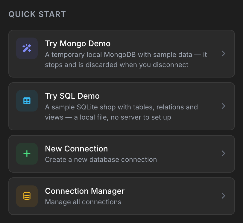 Quick Start panel showing the action buttons (View Connections, Connection Manager, MongoDB Atlas, Register License)