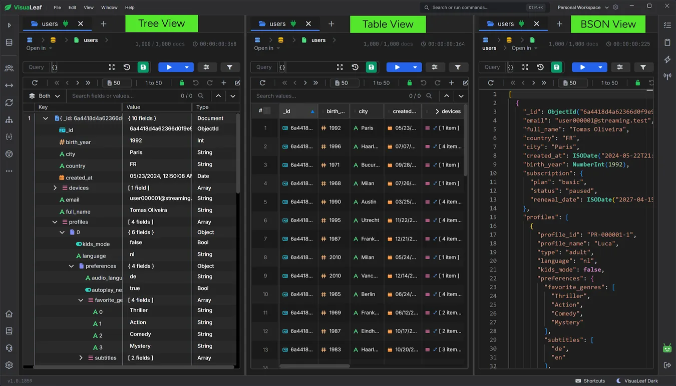 VisuaLeaf Browse Collections - Tree, table, and BSON views of MongoDB documents