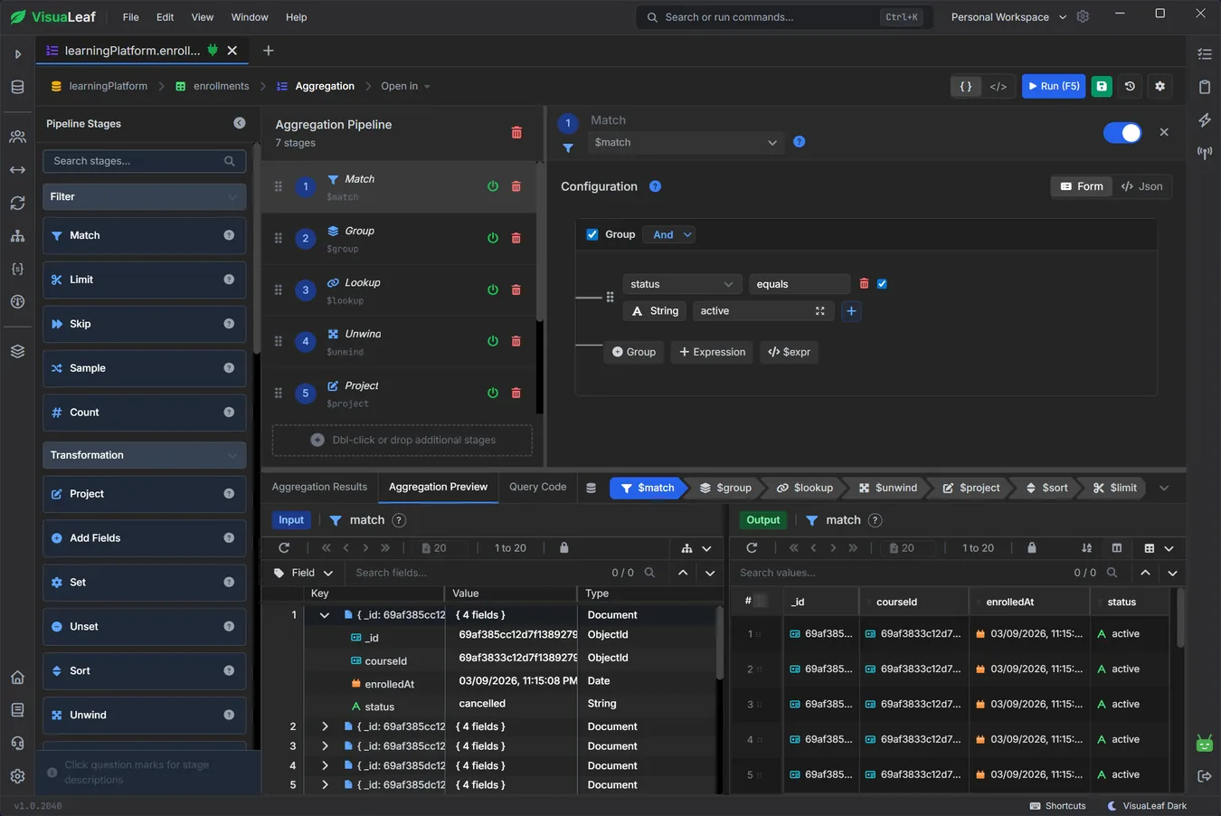VisuaLeaf MongoDB Aggregation Pipeline Builder