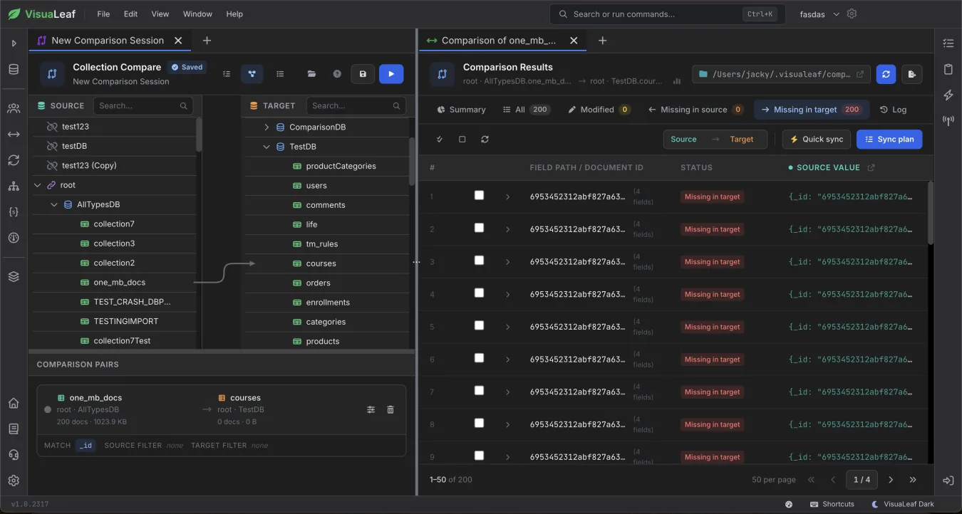 VisuaLeaf Collection Compare - Manage all your MongoDB connections
