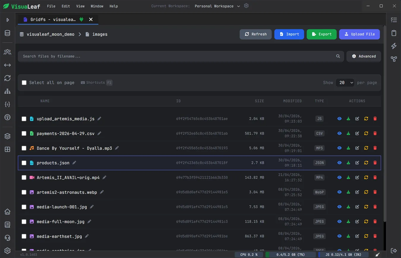 VisuaLeaf GridFS Viewer - Manage files in MongoDB
