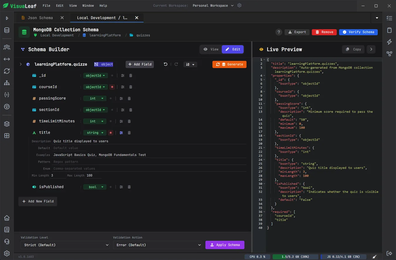 VisuaLeaf JSON Schema Validation - Tree-based editor with BSON type support and validation rules