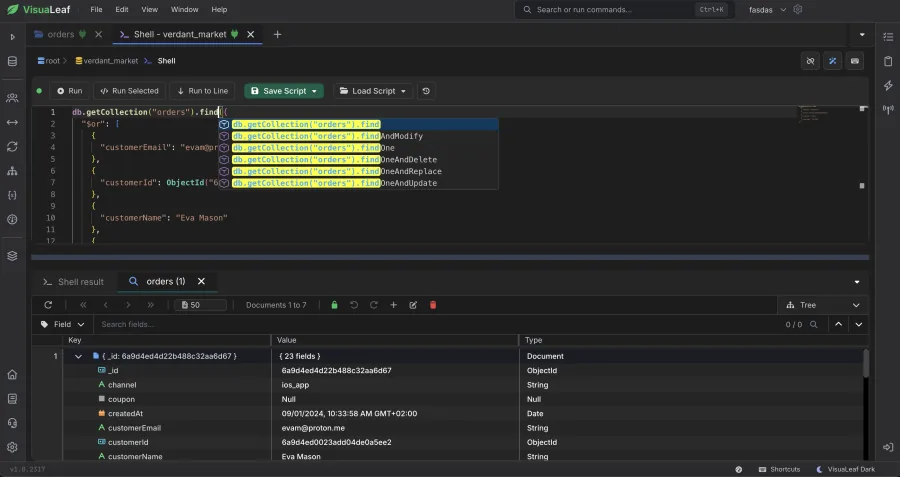 VisuaLeaf MongoDB shell with syntax highlighting
