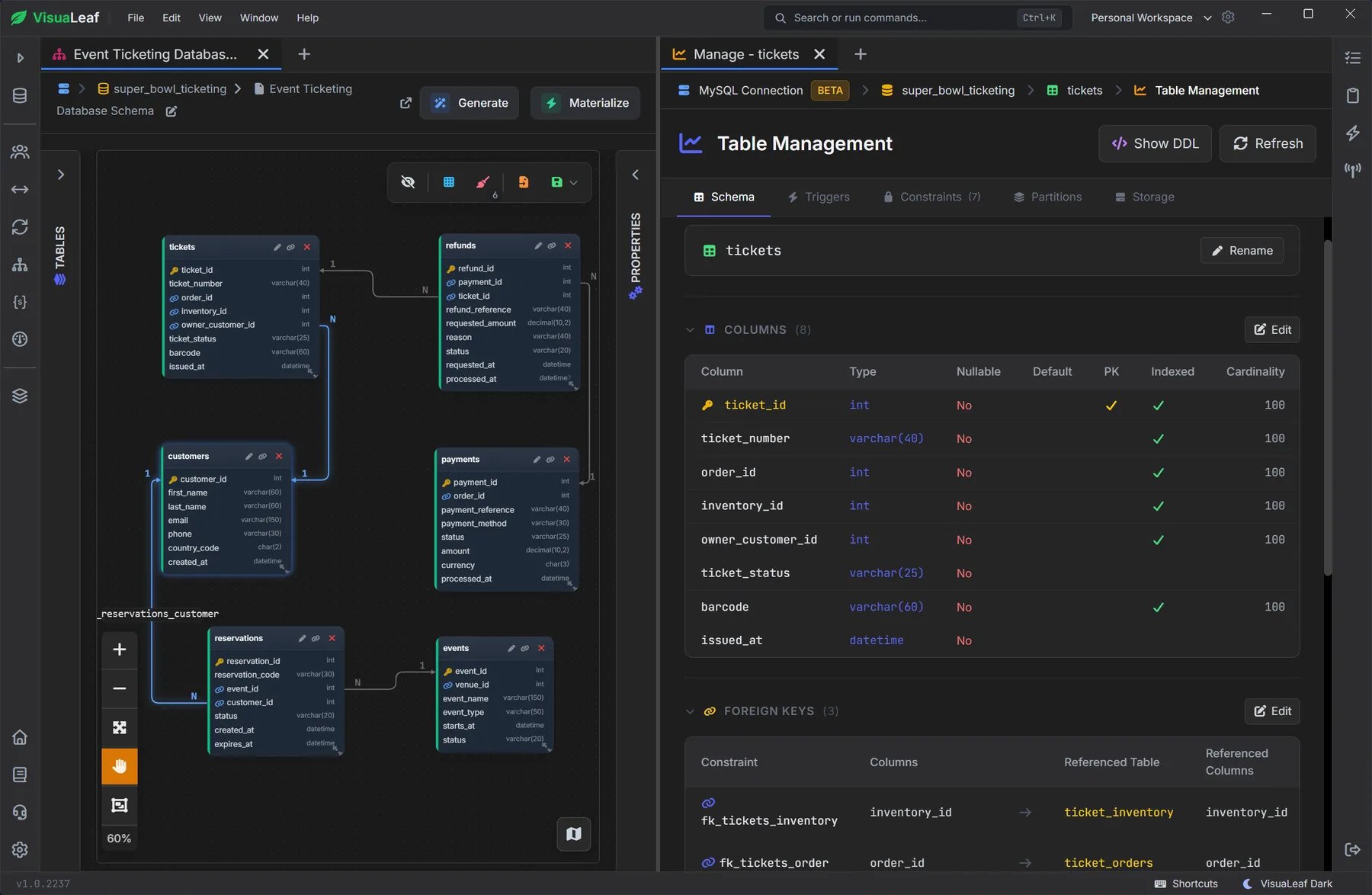 VisuaLeaf Table Management screenshot